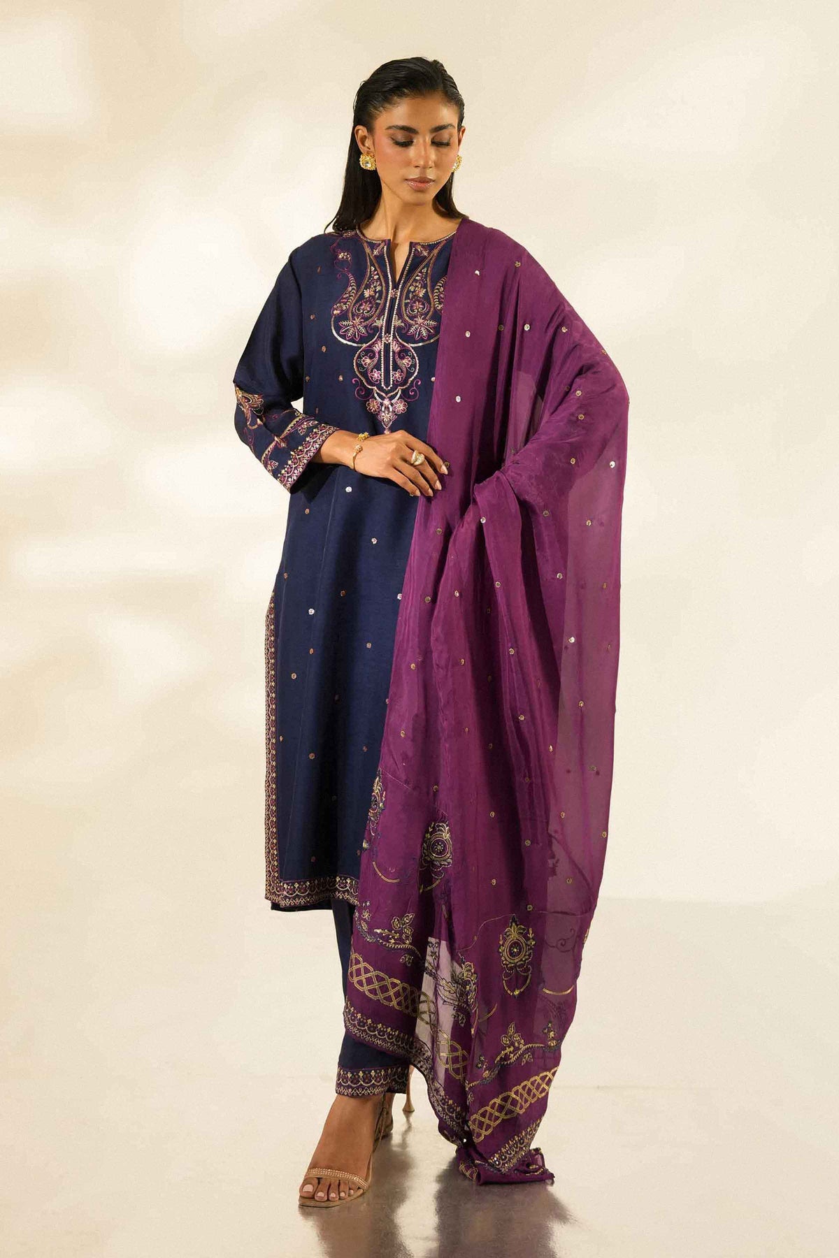 Nishat UK - Blue Embroidered Silk 3 Pieces ready to wear Suit