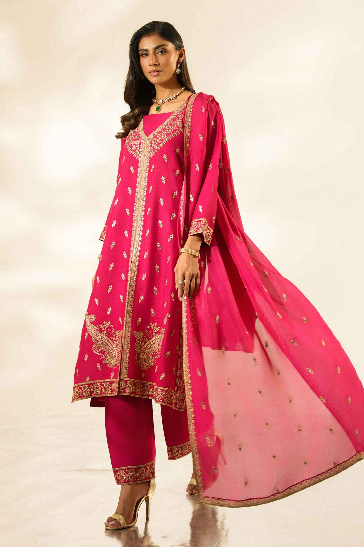 Nishat UK - Red Embroidered Silk 3 Pieces ready to wear Suit