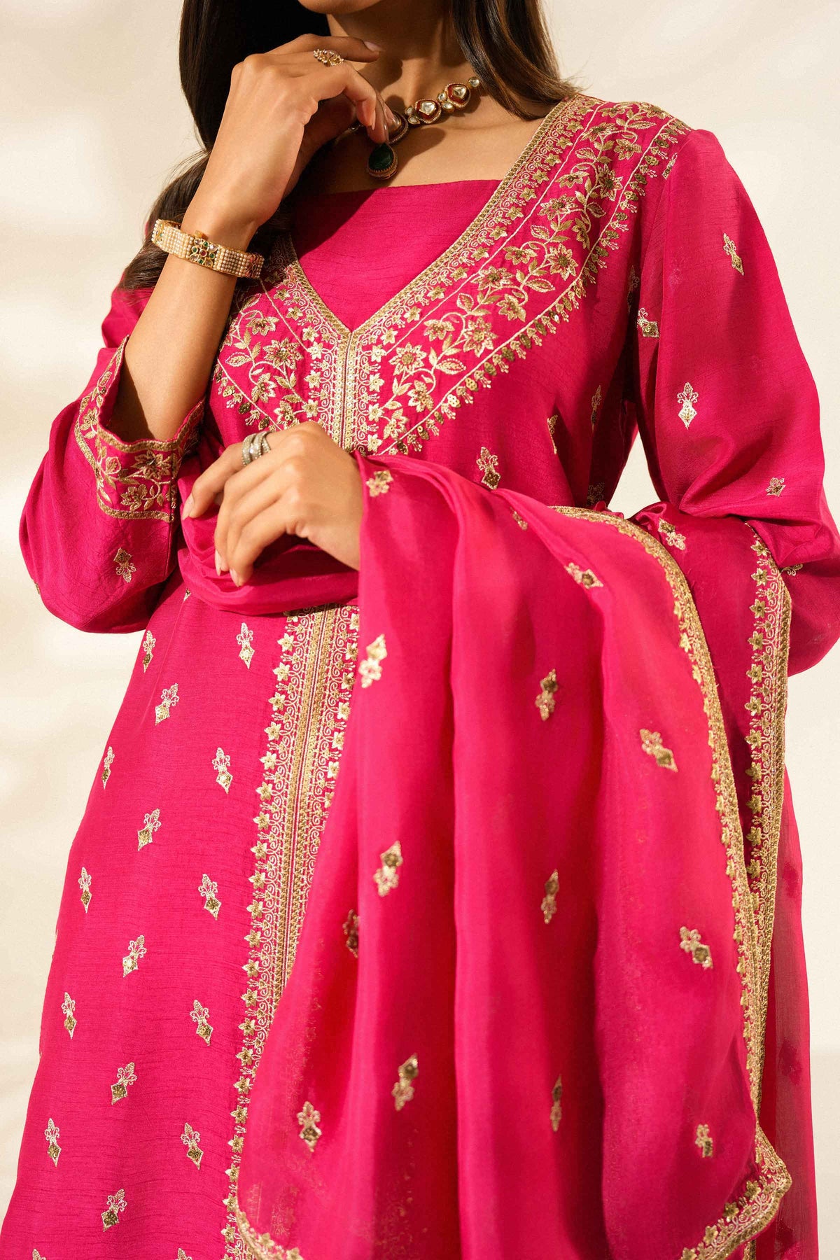 Nishat UK - Red Embroidered Silk 3 Pieces ready to wear Suit
