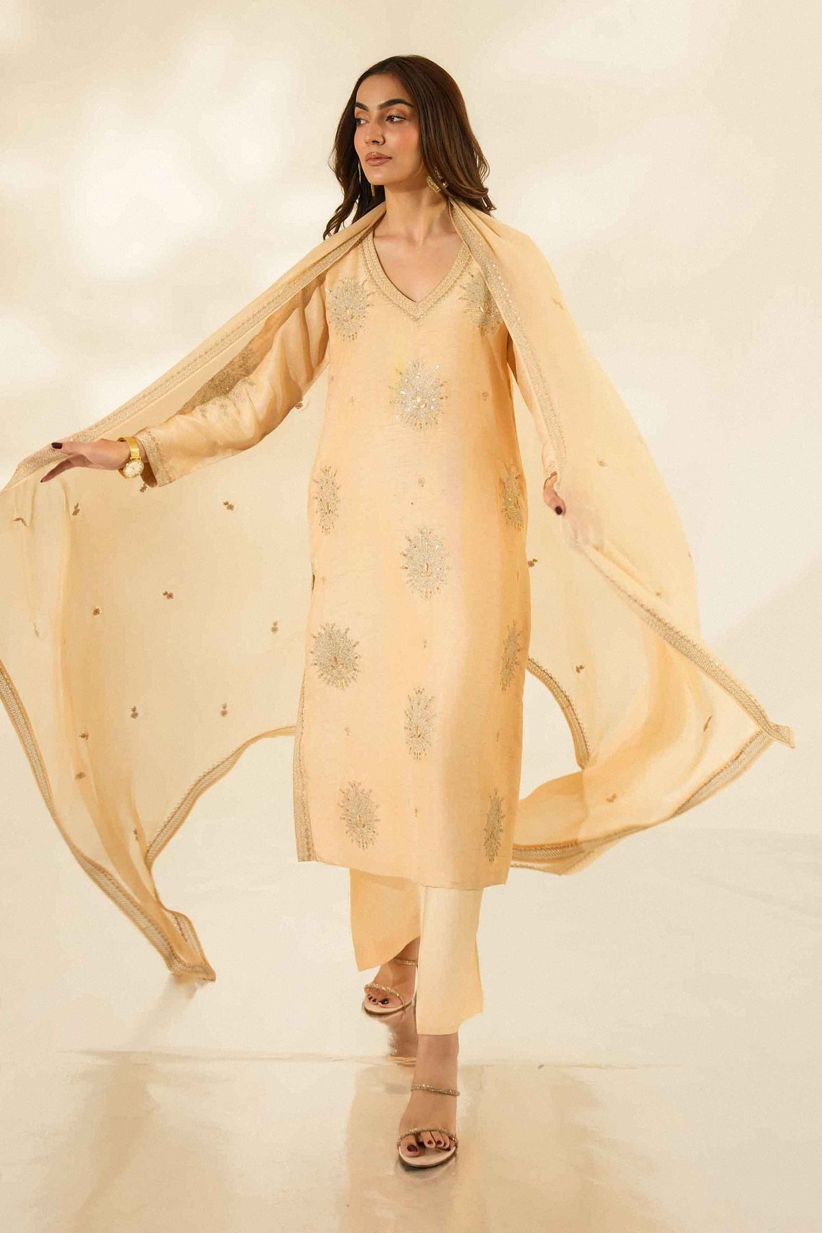 Nishat UK - Beige Embroidered Silk 3 Pieces ready to wear Suit