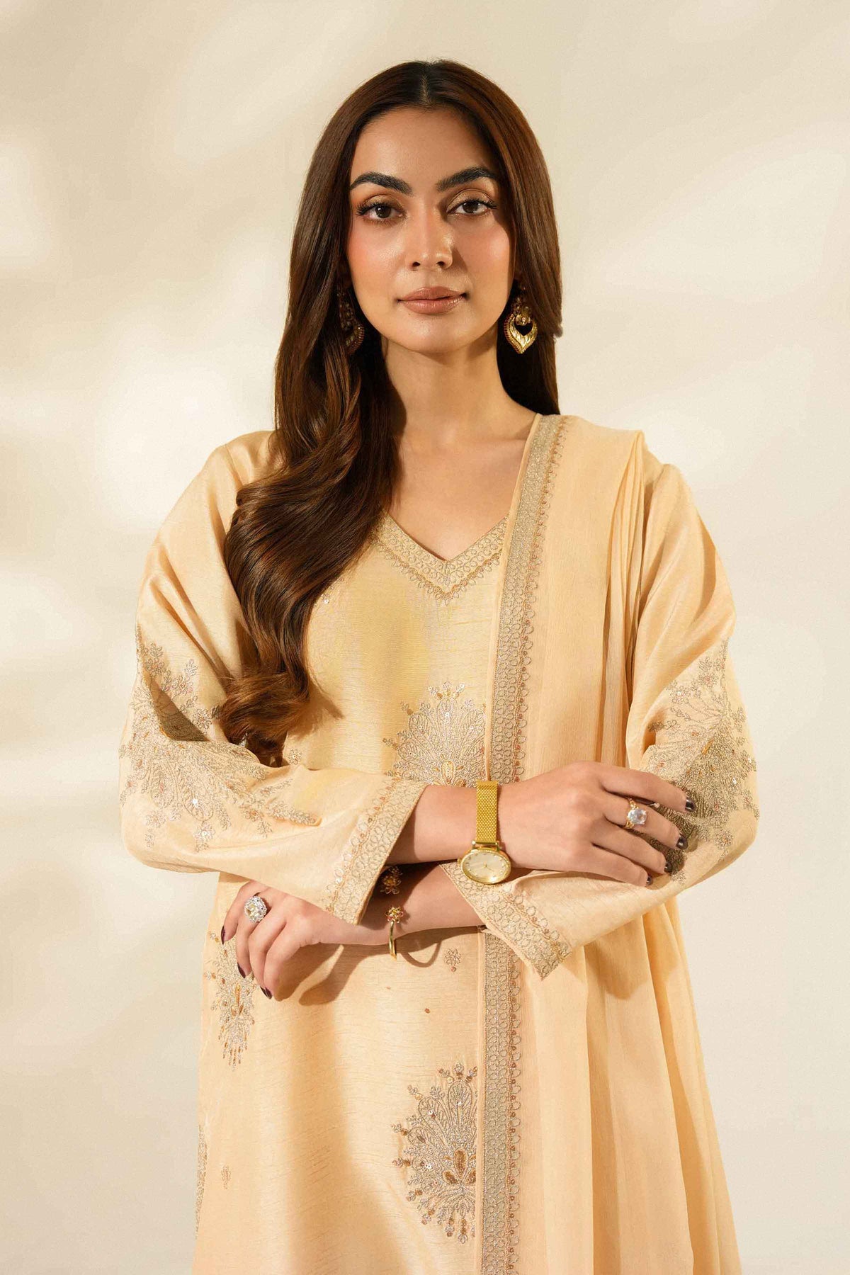 Nishat UK - Beige Embroidered Silk 3 Pieces ready to wear Suit