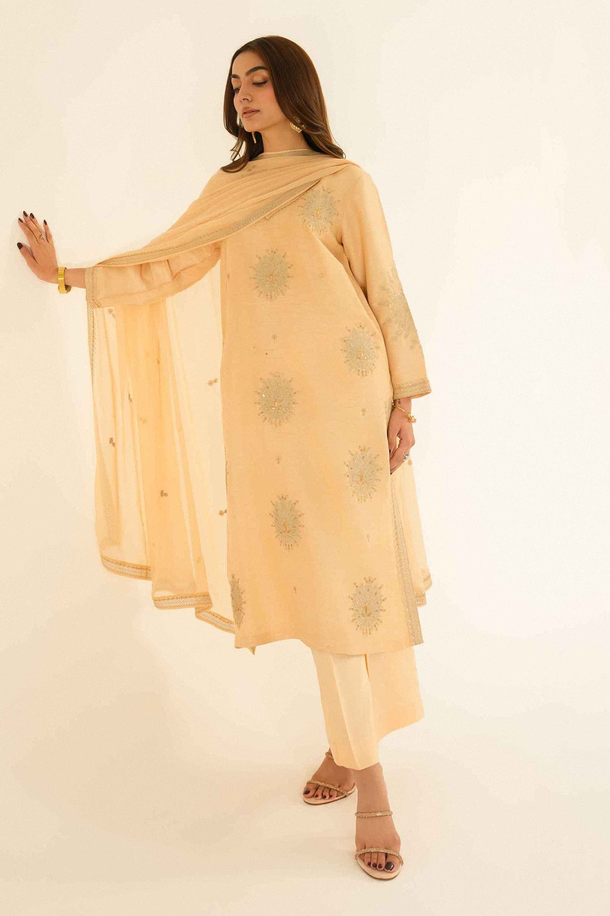 Nishat UK - Beige Embroidered Silk 3 Pieces ready to wear Suit