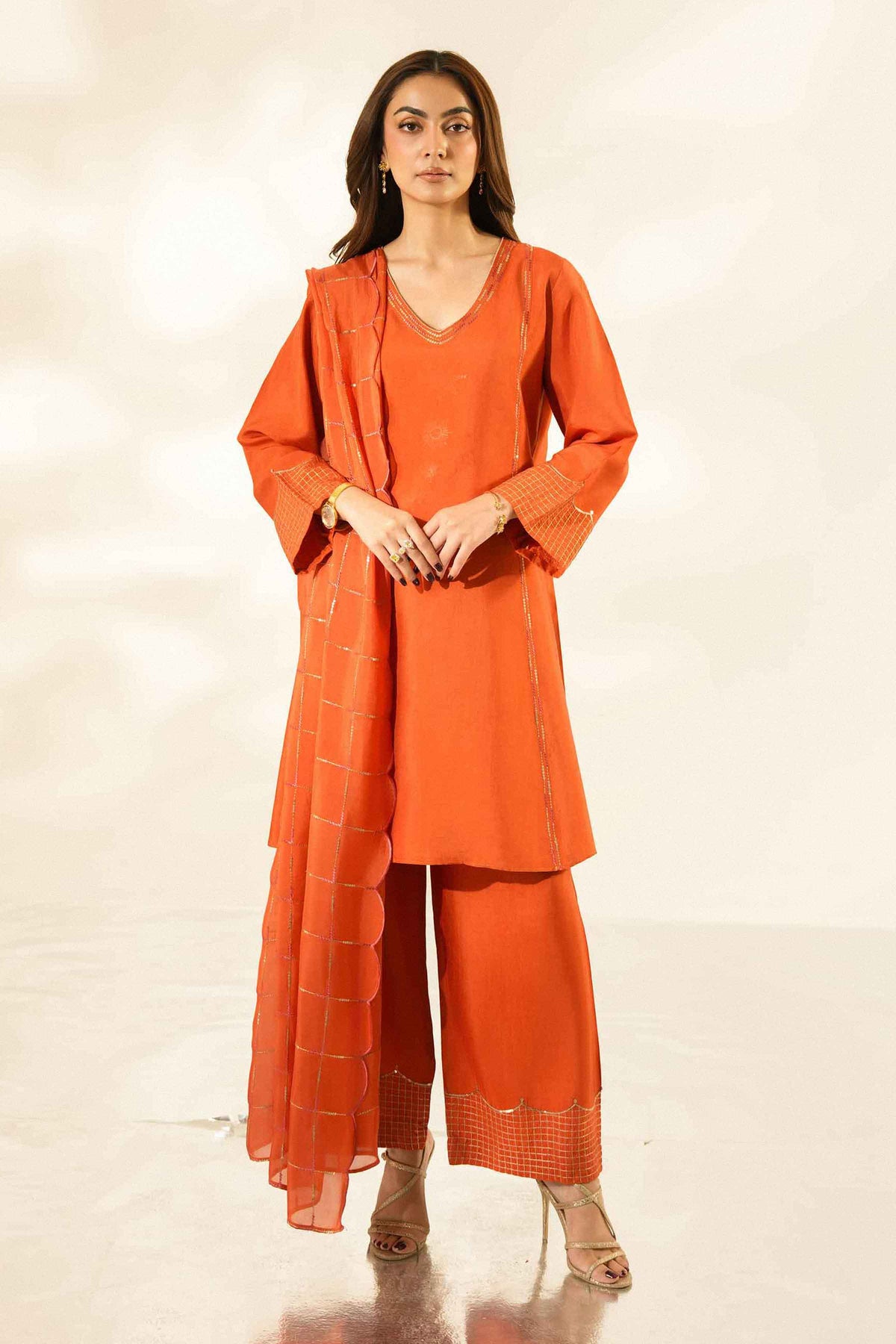 Nishat UK - Orange Embroidered Silk 3 Pieces ready to wear luxury Suit