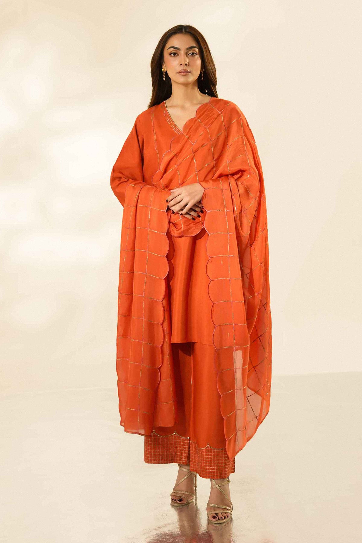 Nishat UK - Orange Embroidered Silk 3 Pieces ready to wear luxury Suit
