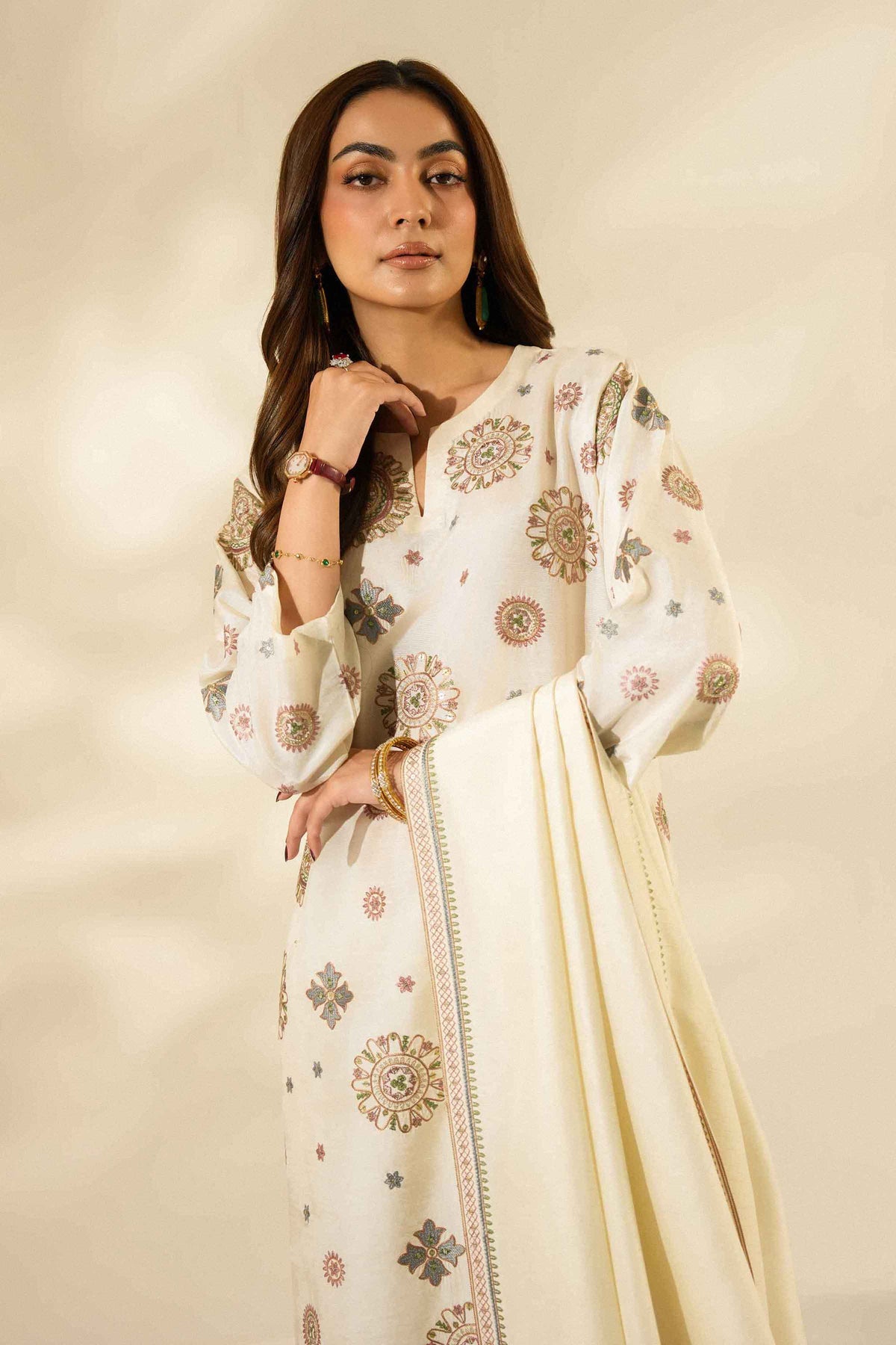 Nishat UK - Off White Embroidered Silk 3 Pieces ready to wear luxury Suit