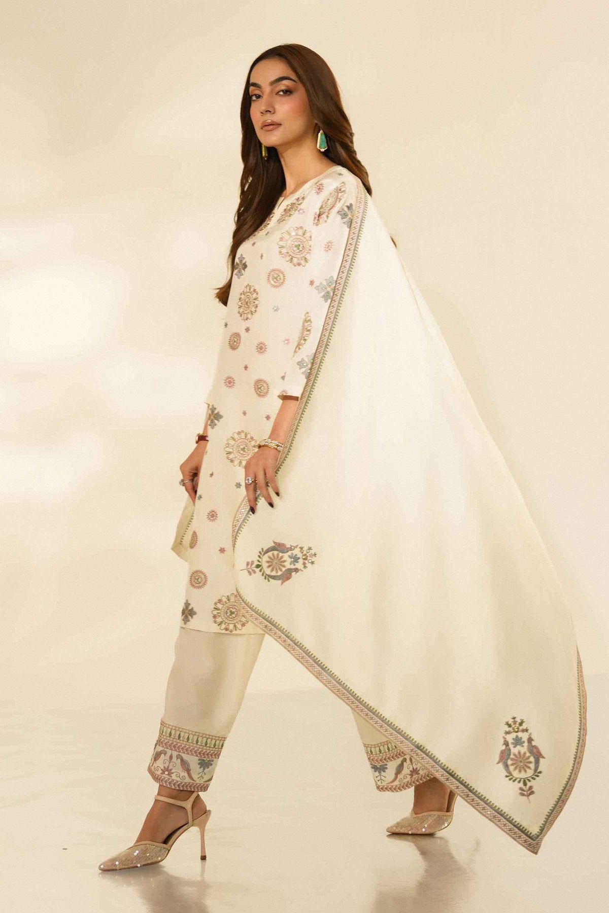 Nishat UK - Off White Embroidered Silk 3 Pieces ready to wear luxury Suit
