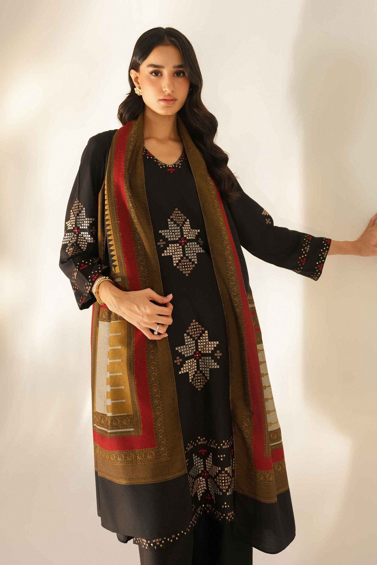 Nishat UK - Black Embroidered Base Fabric 3 Pieces ready to wear Suit