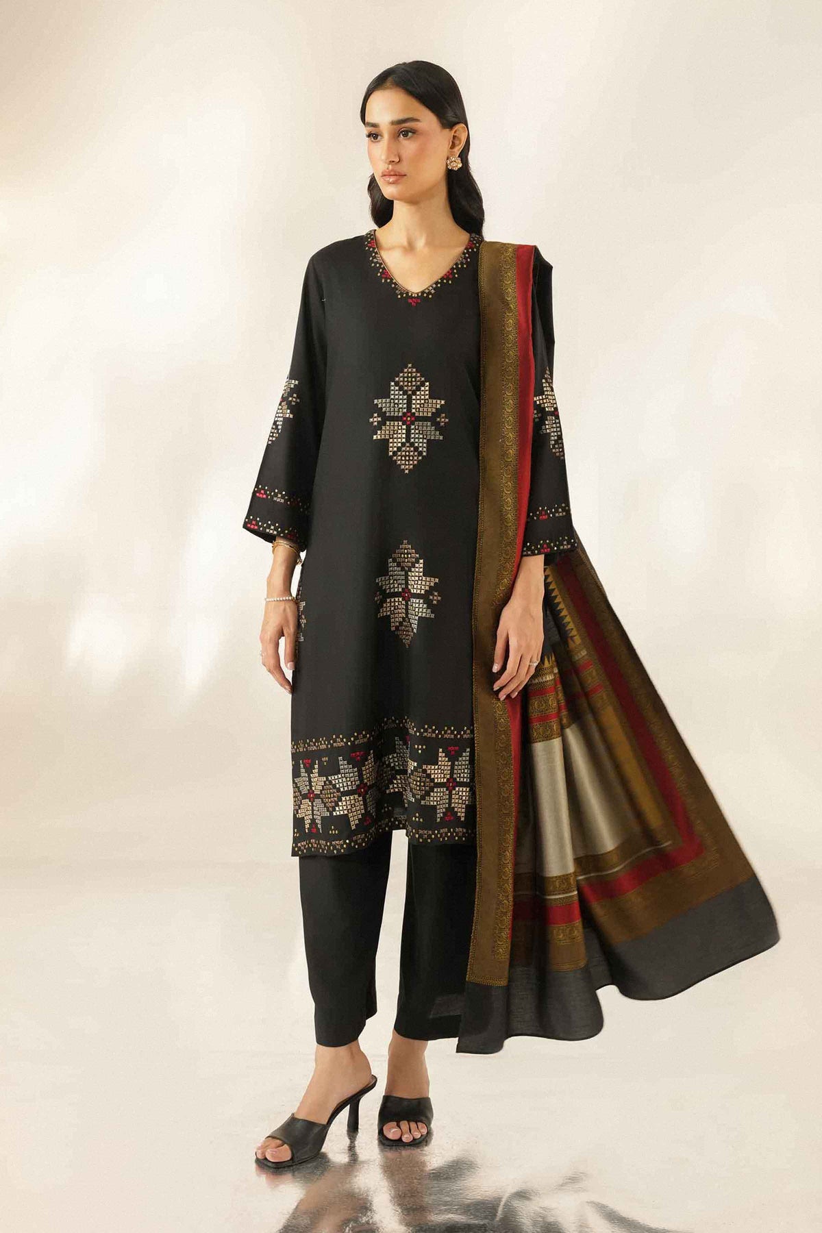 Nishat UK - Black Embroidered Base Fabric 3 Pieces ready to wear Suit