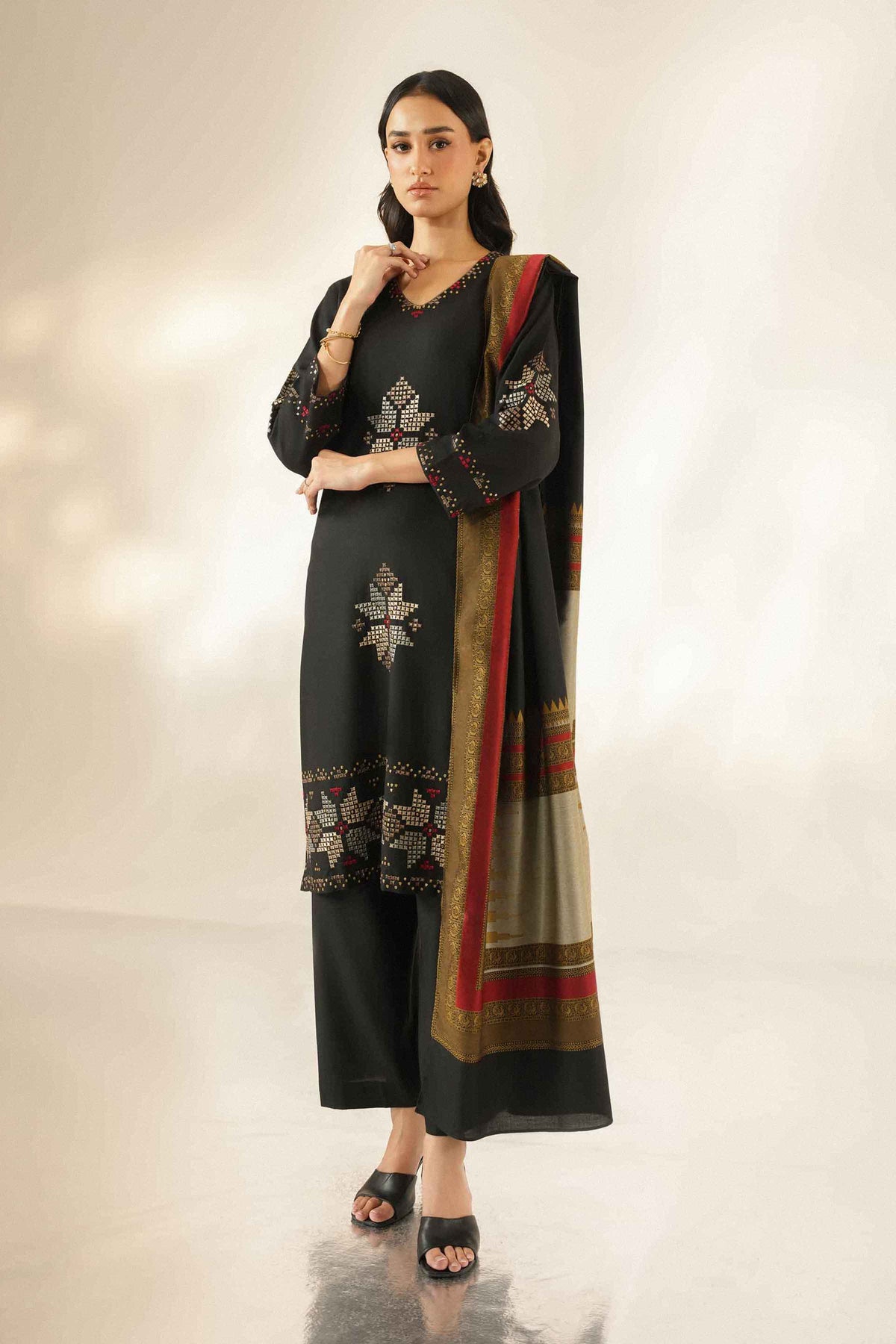 Nishat UK - Black Embroidered Base Fabric 3 Pieces ready to wear Suit