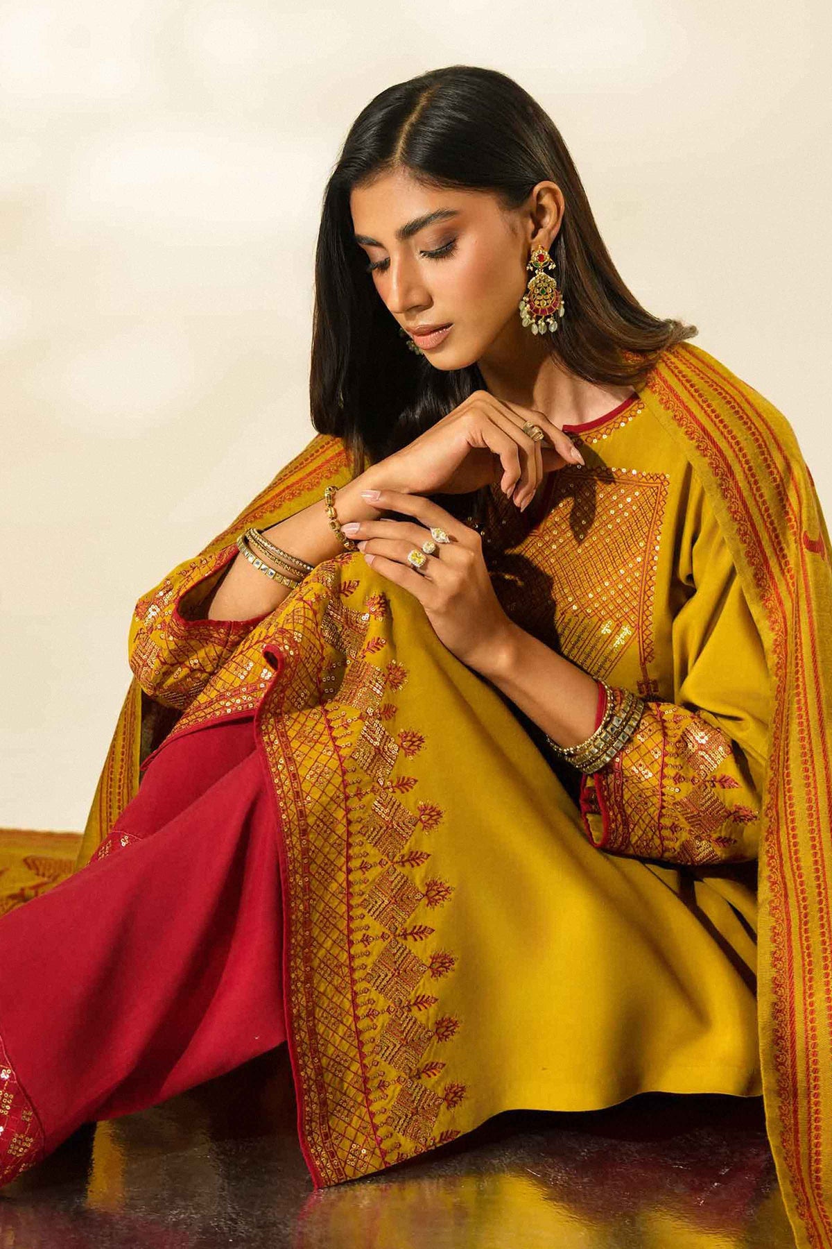 Nishat UK - Yellow Embroidered Silk 3 Pieces ready to wear luxury Suit