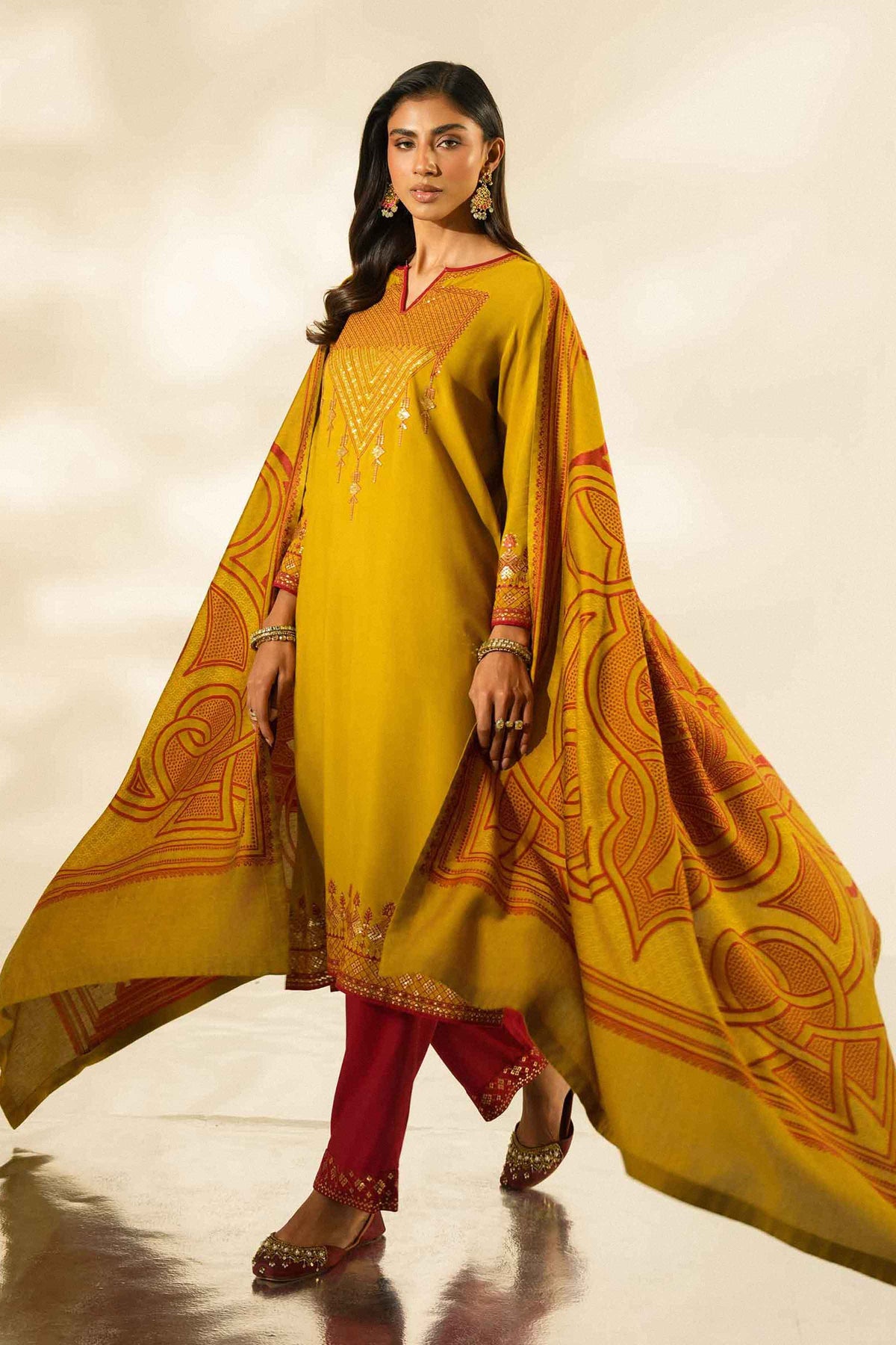 Nishat UK - Yellow Embroidered Silk 3 Pieces ready to wear luxury Suit