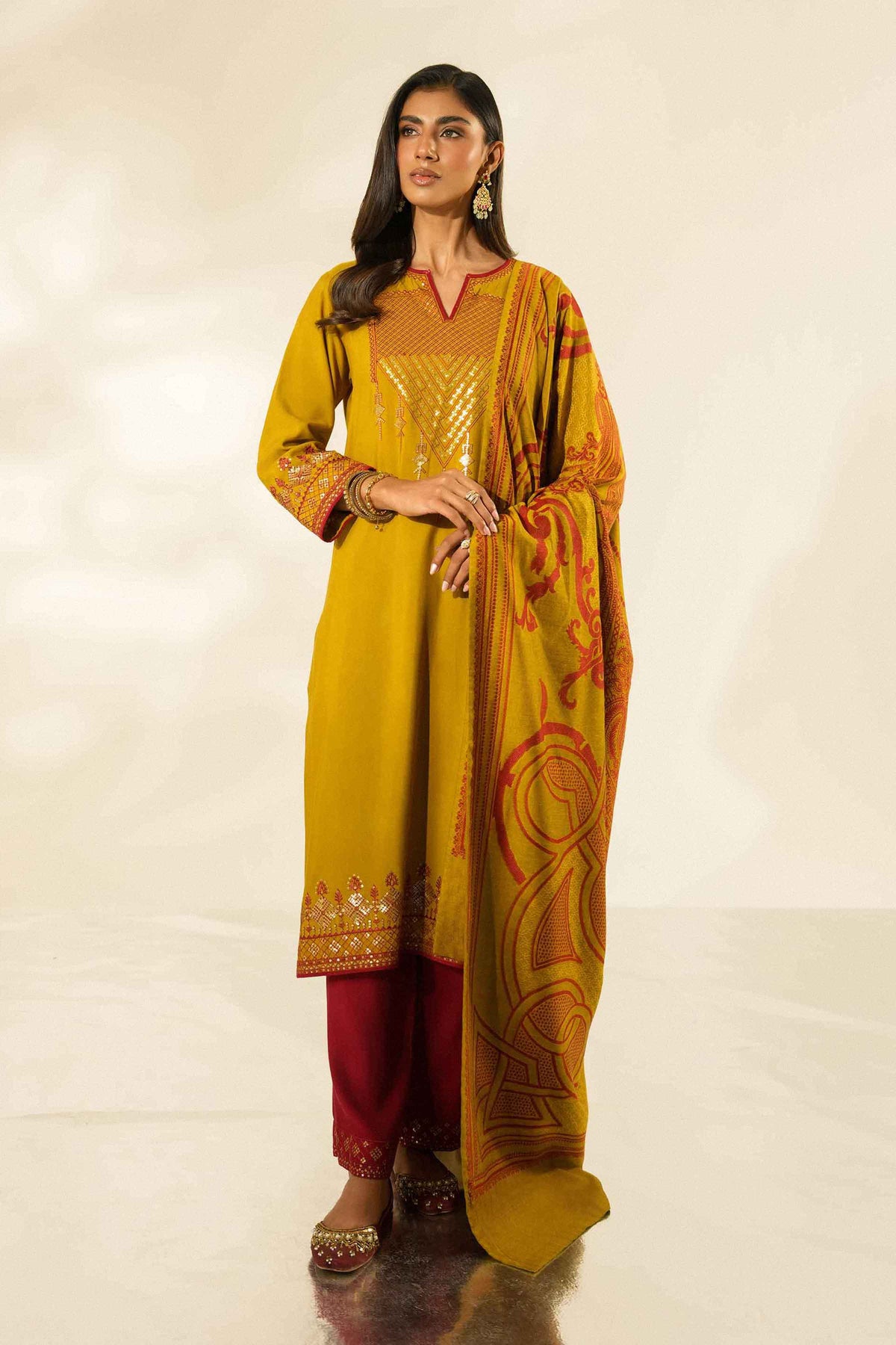 Nishat UK - Yellow Embroidered Silk 3 Pieces ready to wear luxury Suit