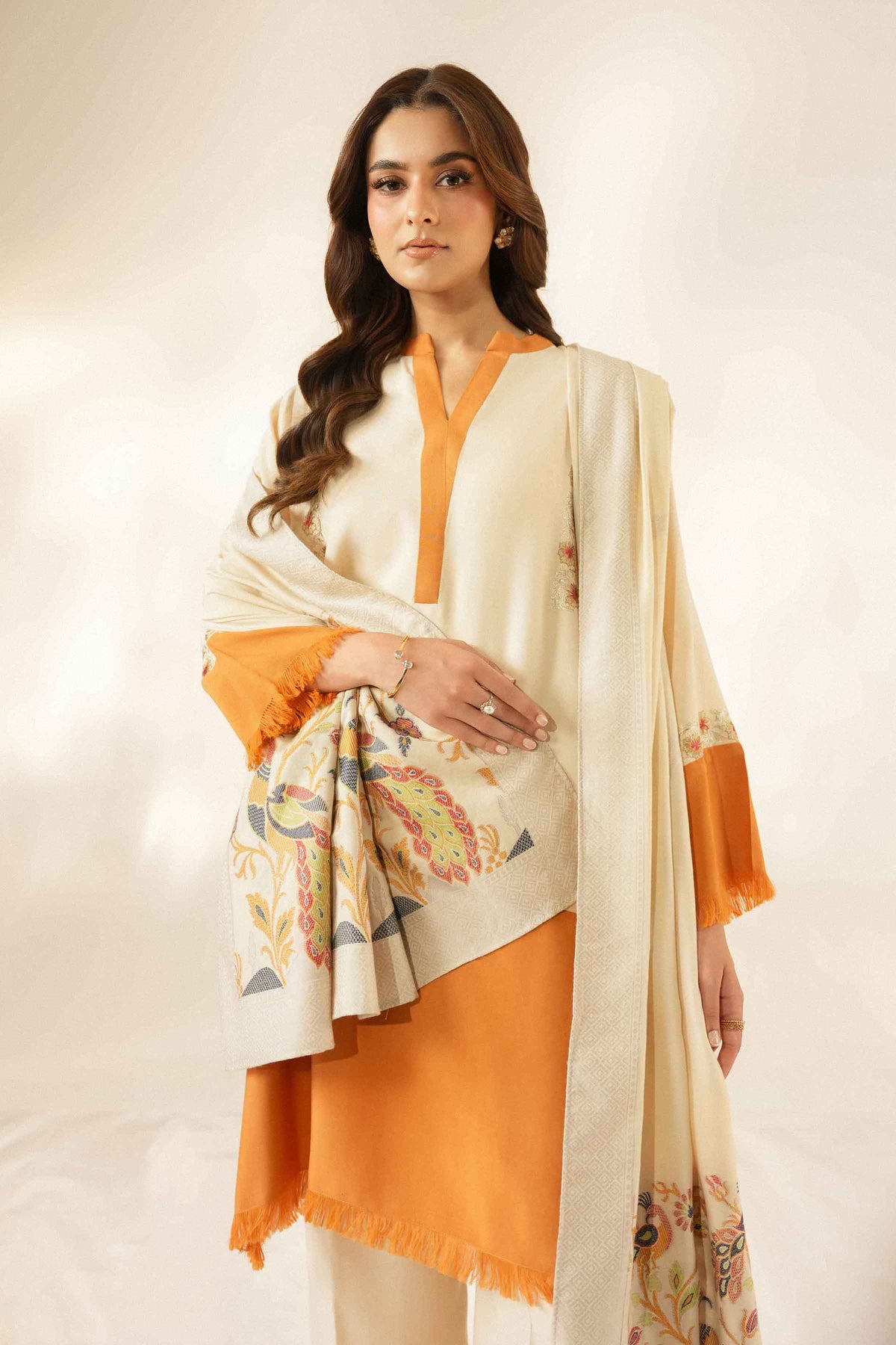 Nishat UK - Beige Embroidered Silk 3 Pieces ready to wear Suit