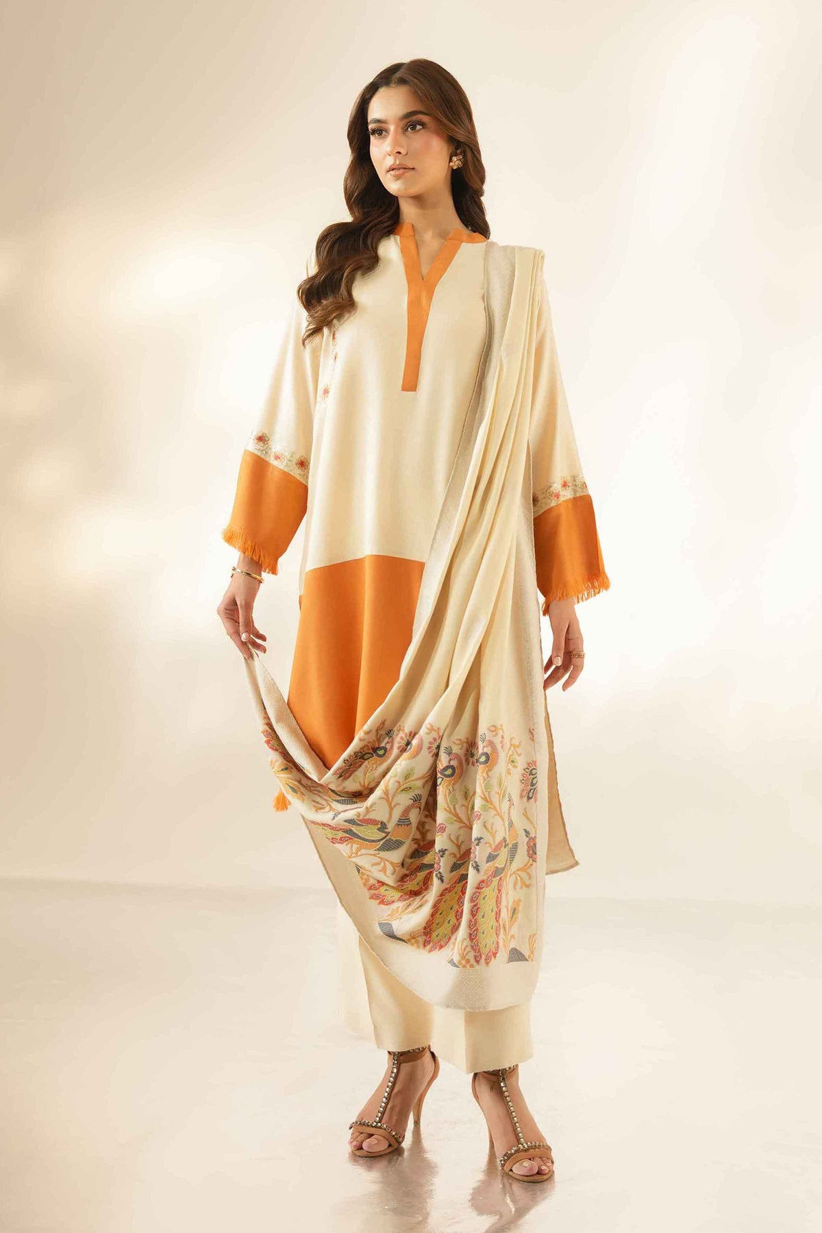 Nishat UK - Beige Embroidered Silk 3 Pieces ready to wear Suit