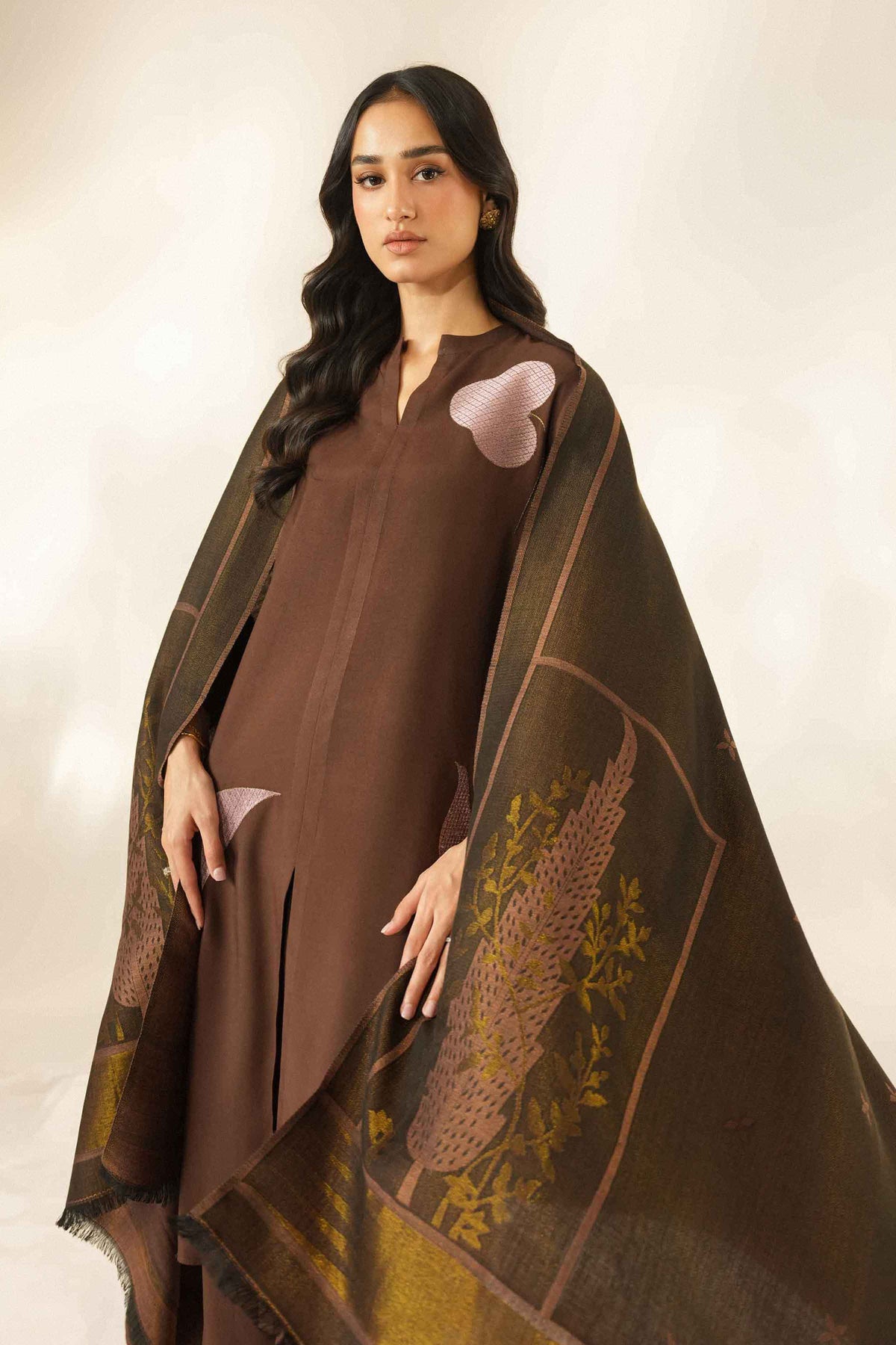 Nishat UK - Brown Embroidered Silk 3 Pieces ready to wear luxury Suit