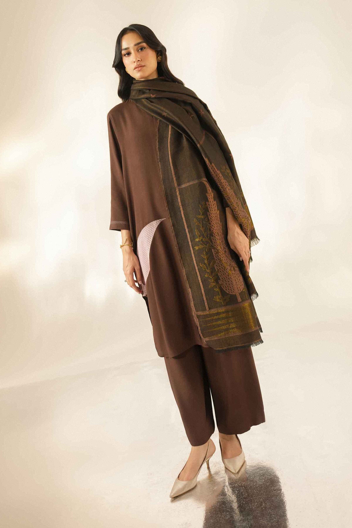Nishat UK - Brown Embroidered Silk 3 Pieces ready to wear luxury Suit