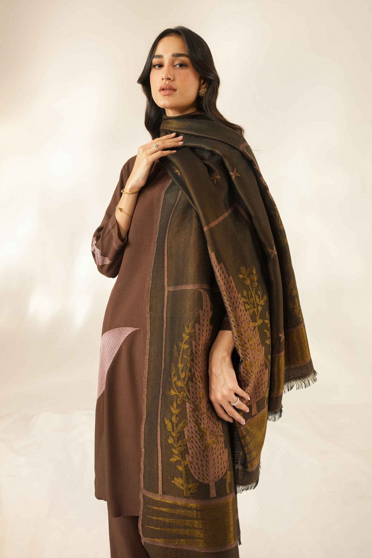 Nishat UK - Brown Embroidered Silk 3 Pieces ready to wear luxury Suit