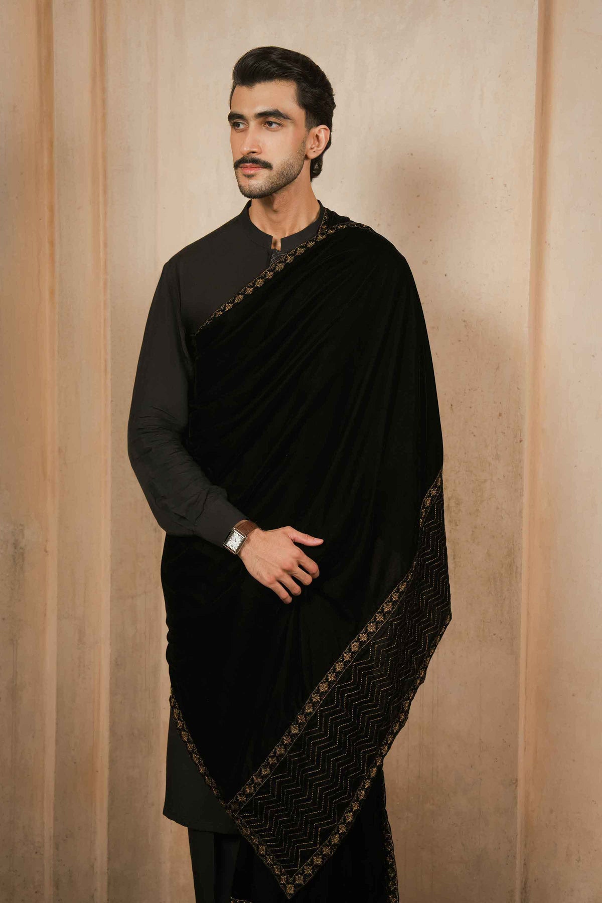 Nishat UK - Black Embroidered Velvet 1 Piece ready to wear shawl