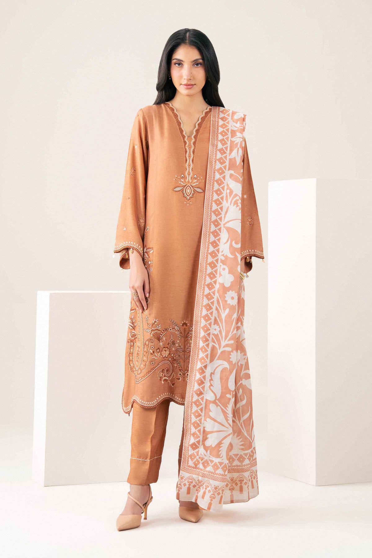 Nishat UK - Orange Embroidered Silk 3 Pieces ready to wear Suit