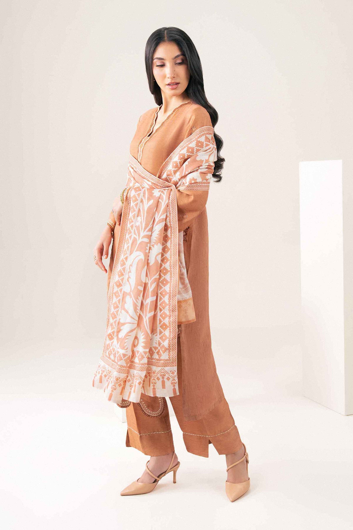 Nishat UK - Orange Embroidered Silk 3 Pieces ready to wear Suit