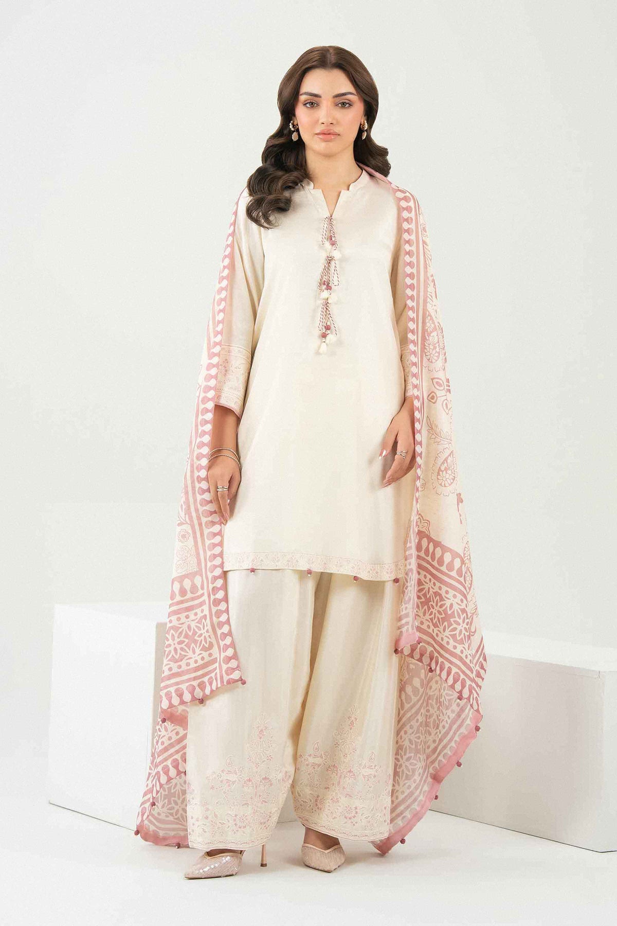 Nishat UK - Off White Embroidered Silk 3 Pieces ready to wear Suit