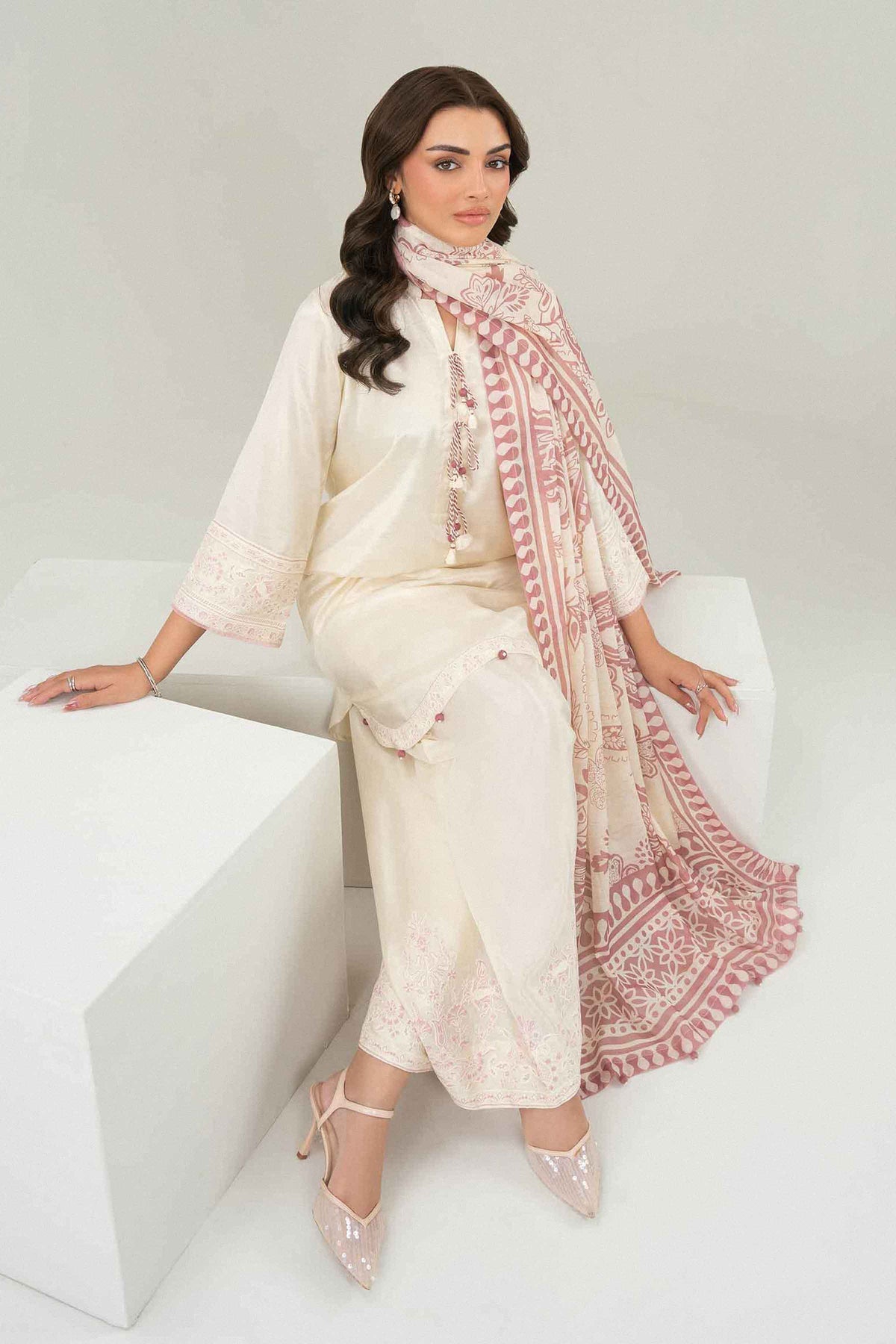 Nishat UK - Off White Embroidered Silk 3 Pieces ready to wear Suit