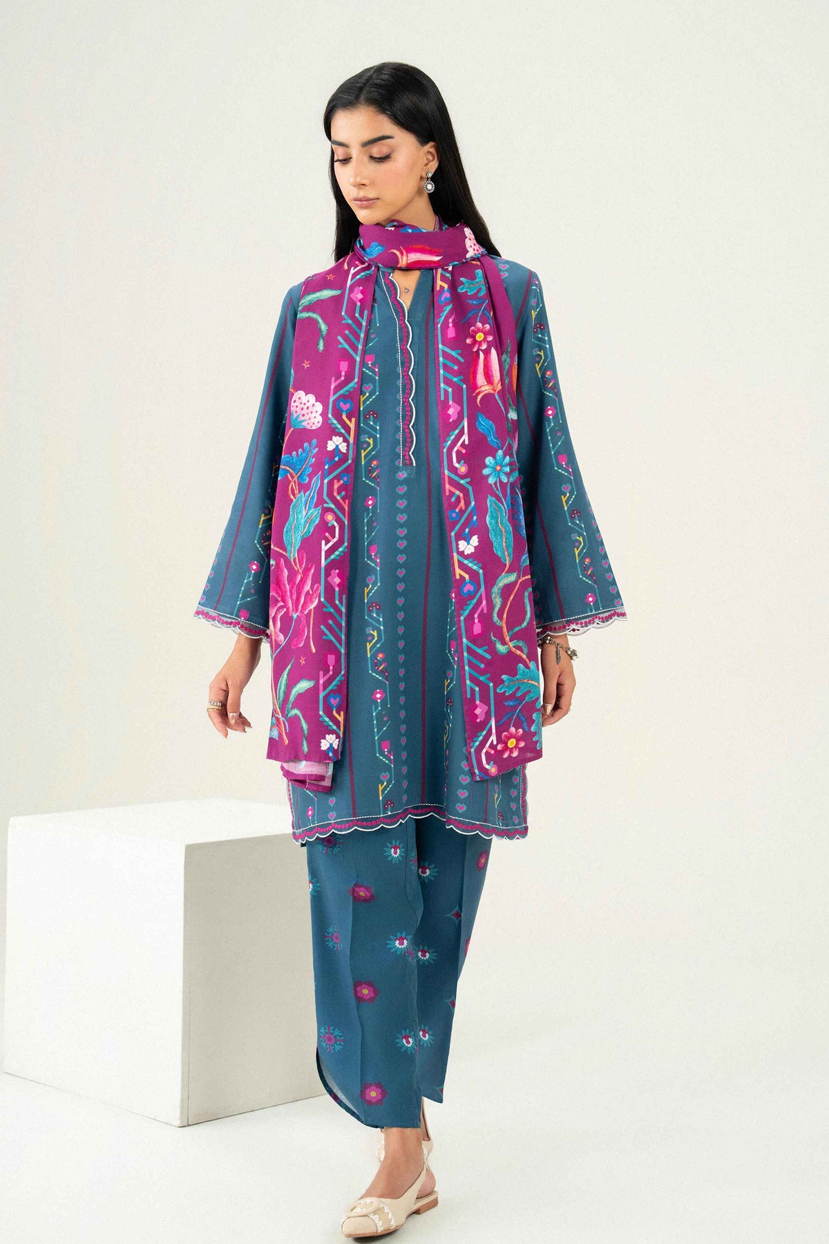 Nishat UK - Blue Embroidered Linen 3 Pieces ready to wear Suit