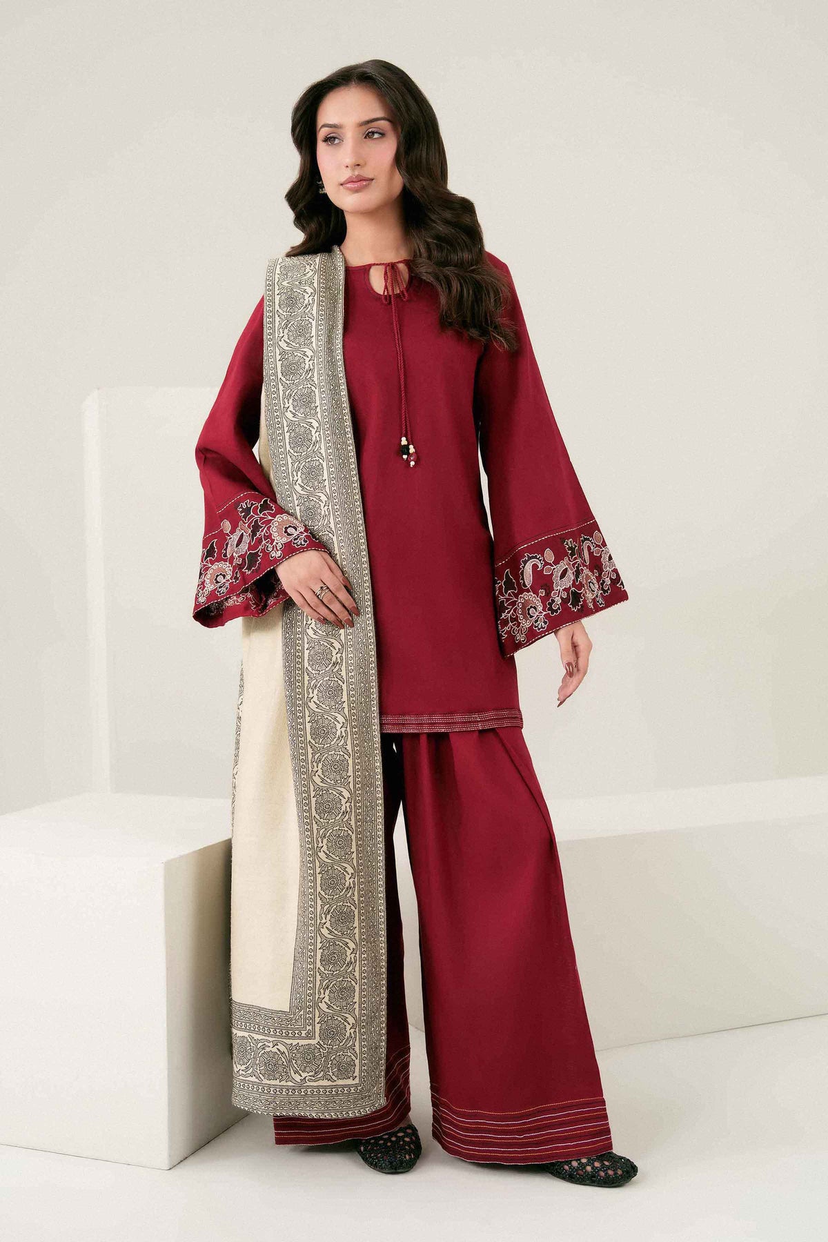 Nishat UK - Red Embroidered Twill 3 Pieces ready to wear Suit