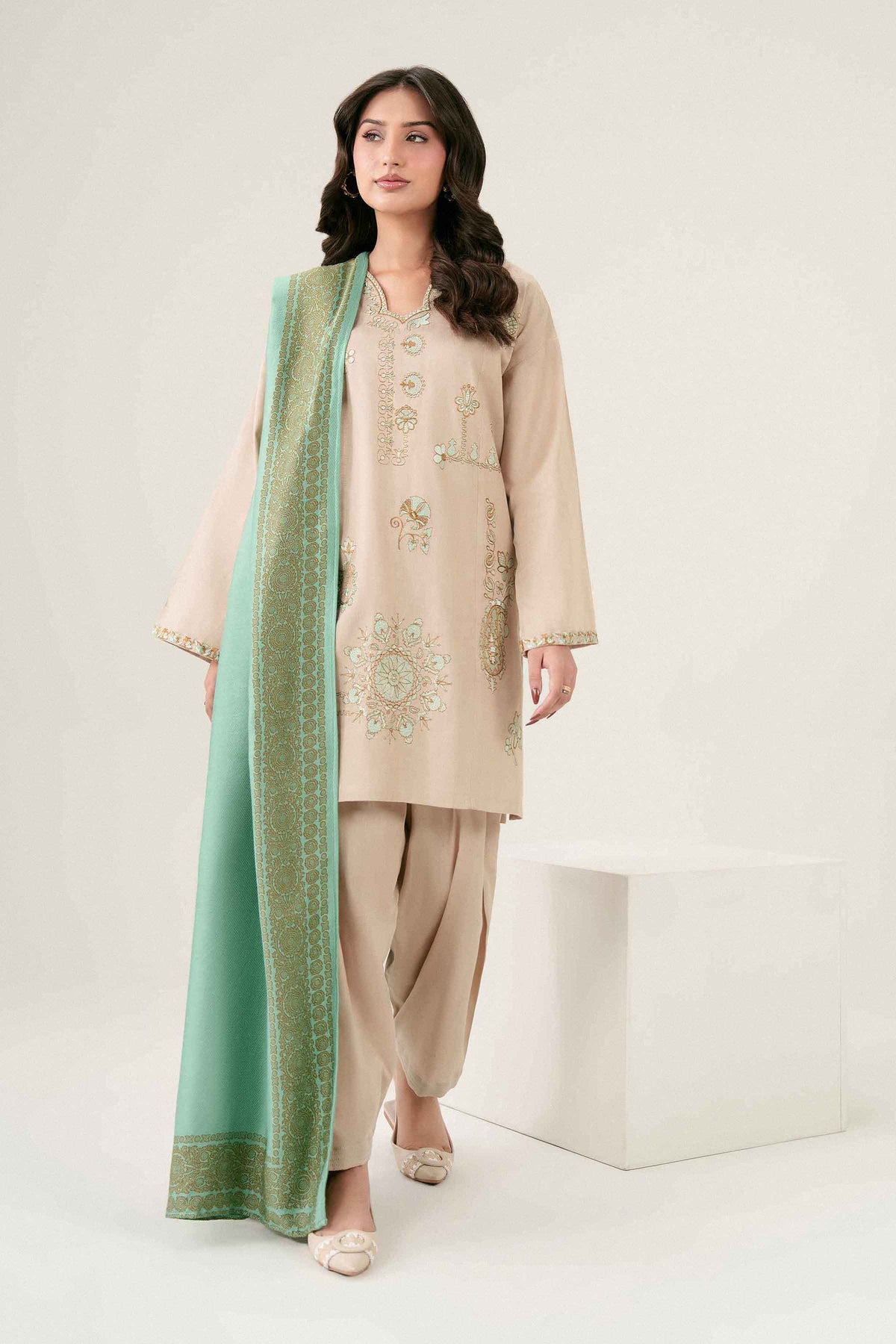 Nishat UK - Beige Embroidered Twill 3 Pieces ready to wear Suit
