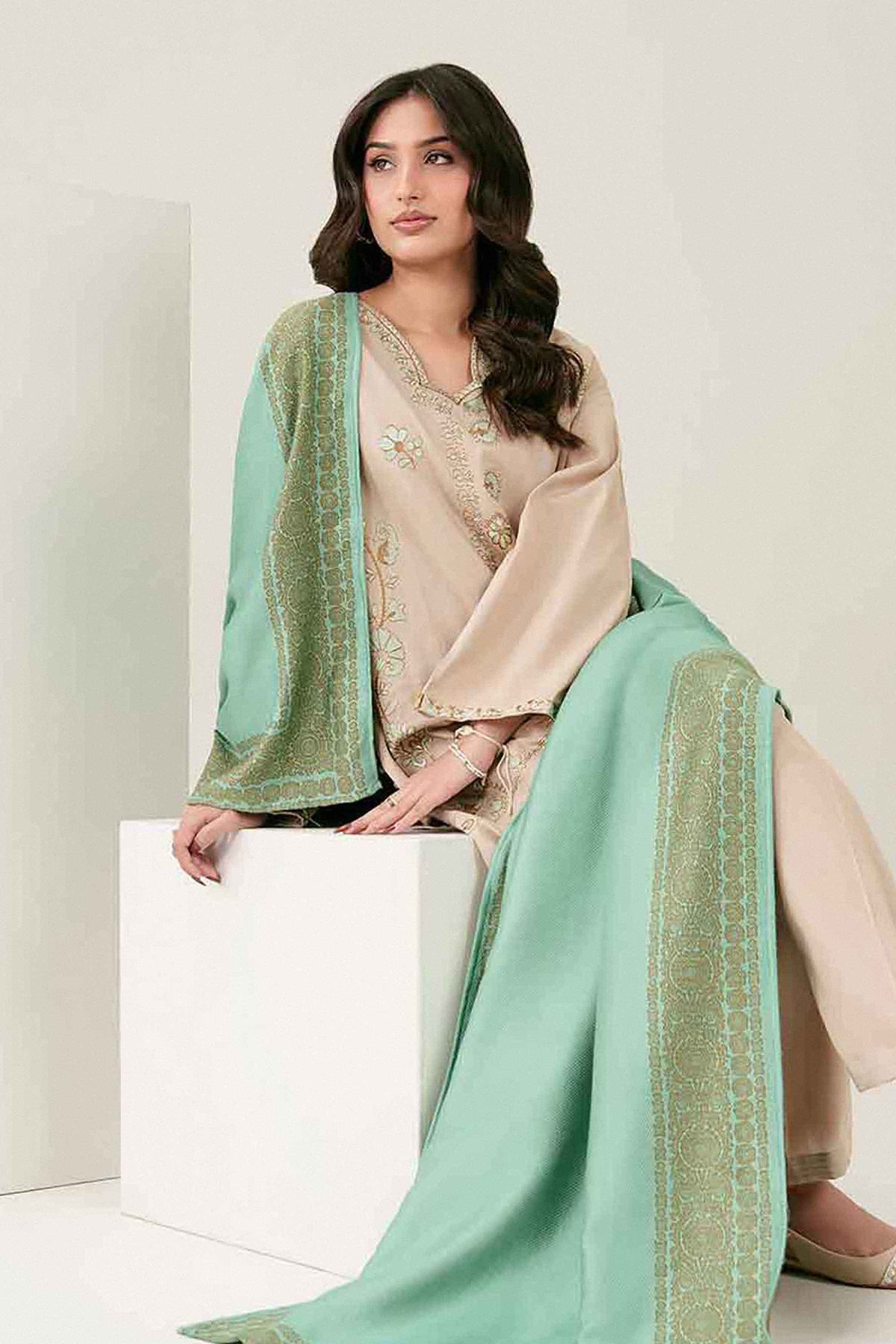 Nishat UK - Beige Embroidered Twill 3 Pieces ready to wear Suit