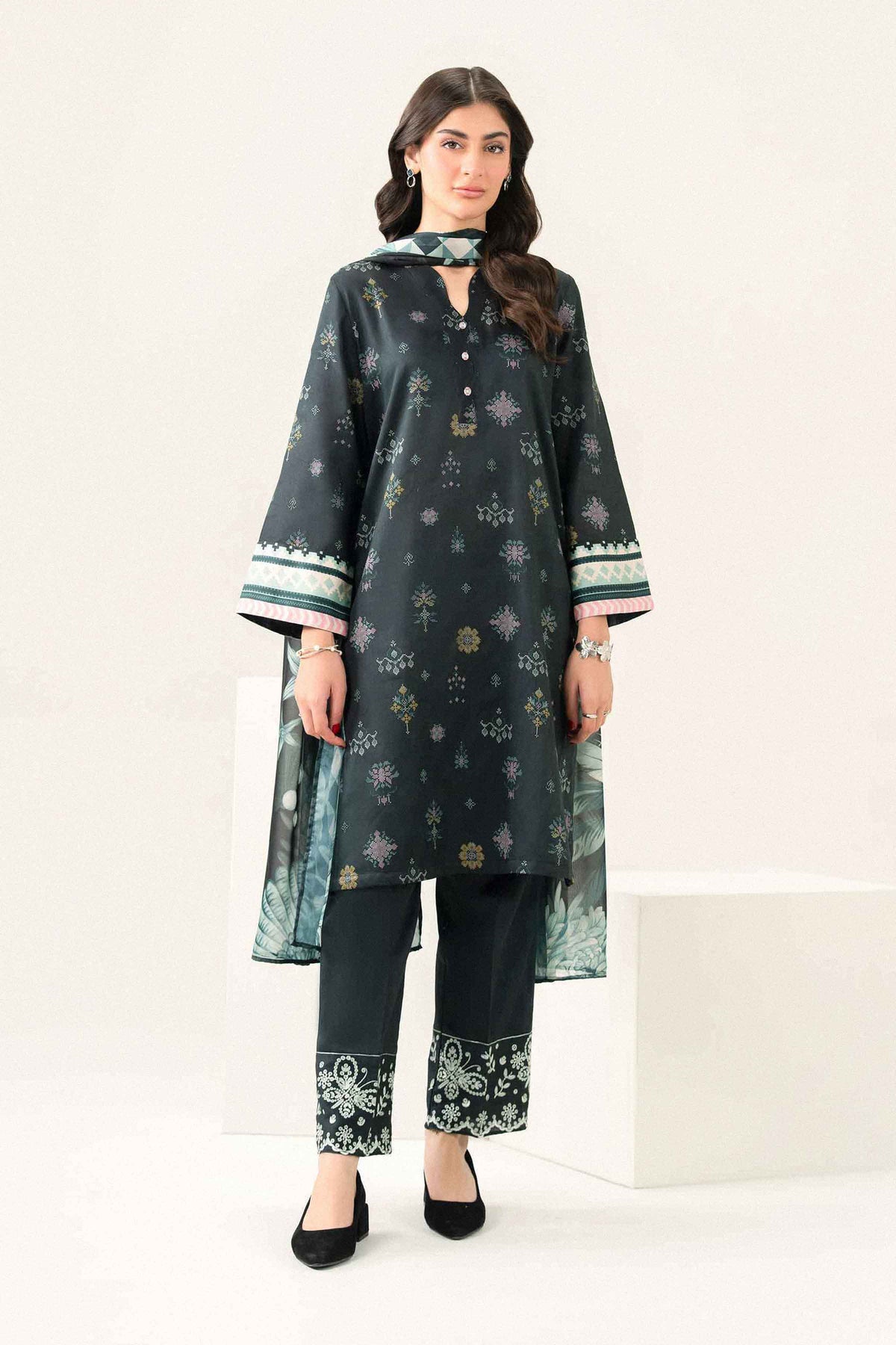 Nishat UK - Black Embroidered Satin 3 Pieces ready to wear Suit