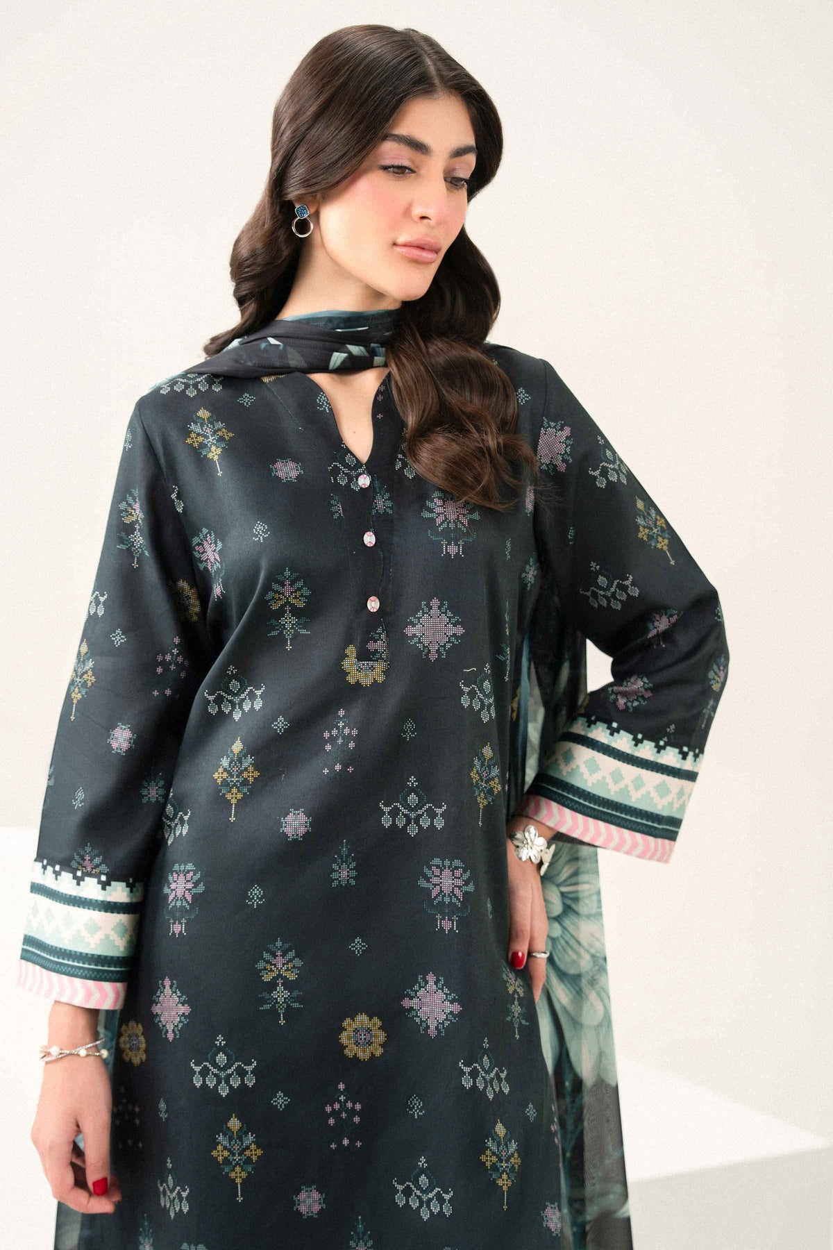 Nishat UK - Black Embroidered Satin 3 Pieces ready to wear Suit