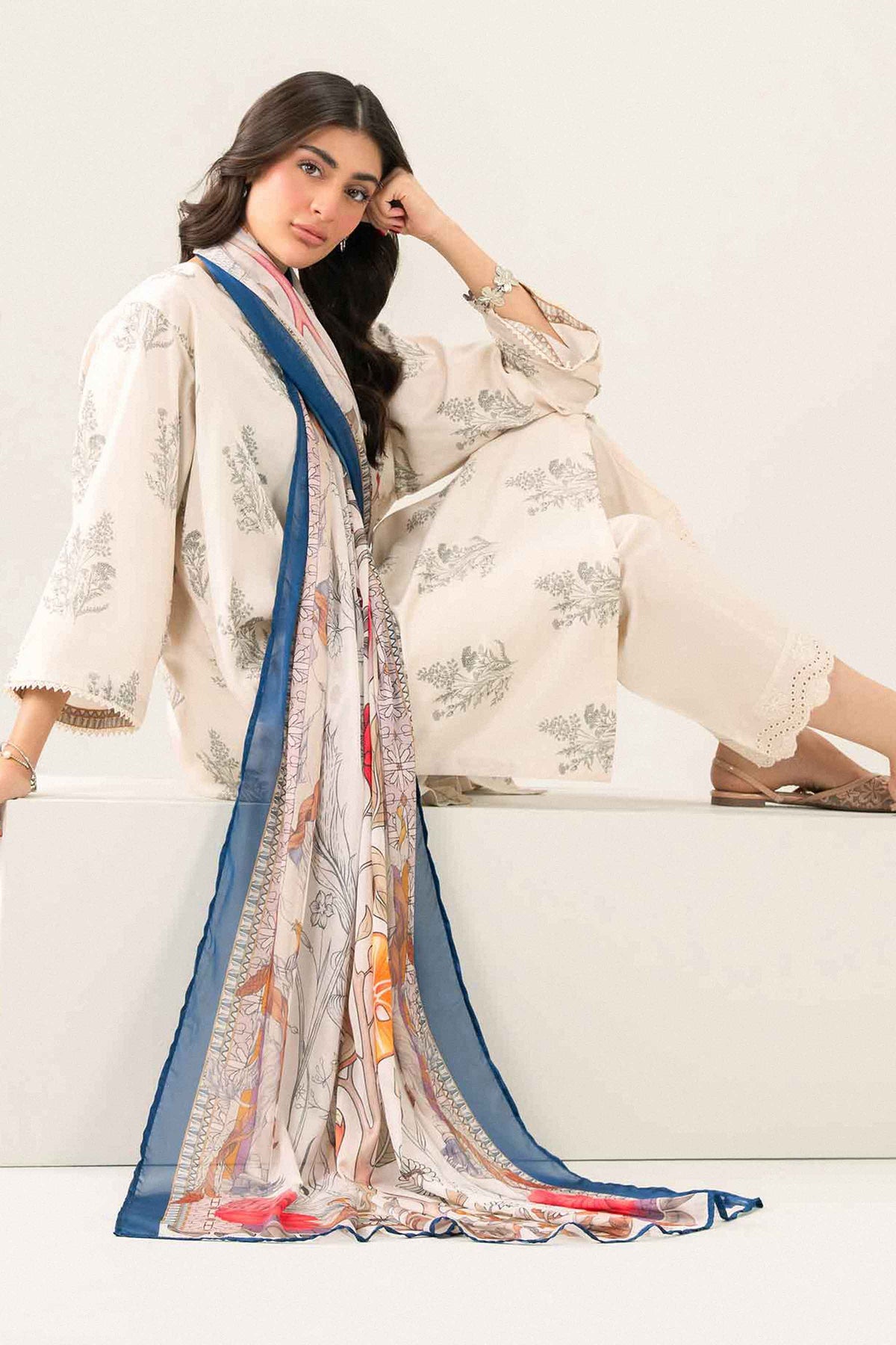 Nishat UK - Off White Embroidered Satin 3 Pieces ready to wear Suit