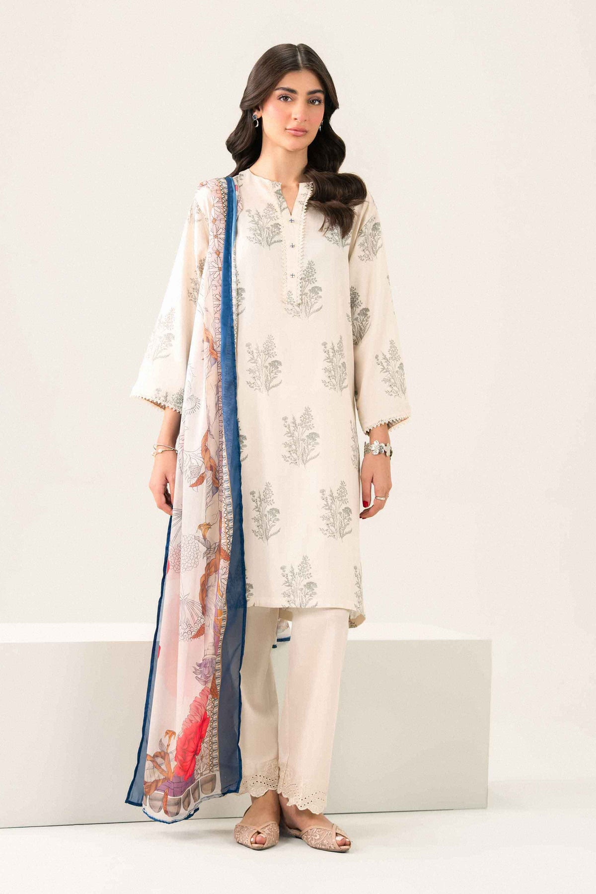 Nishat UK - Off White Embroidered Satin 3 Pieces ready to wear Suit