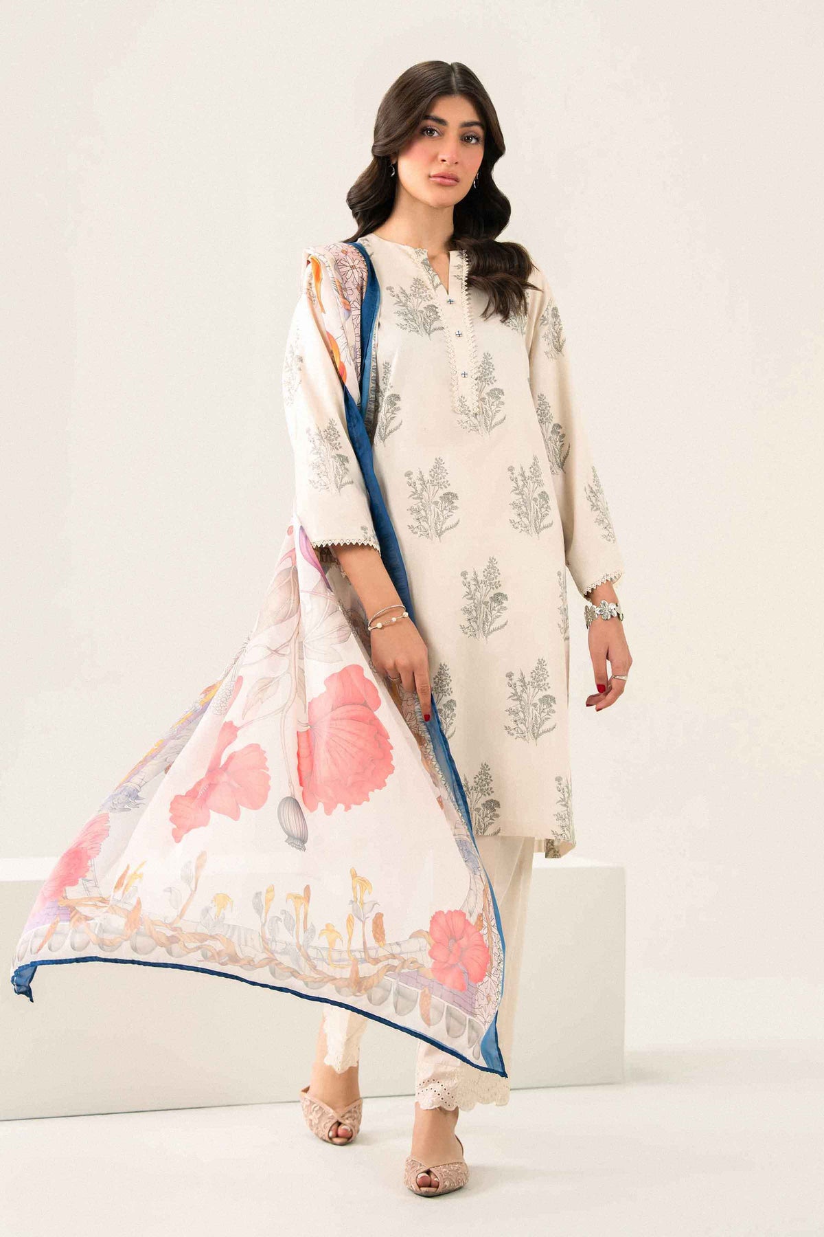 Nishat UK - Off White Embroidered Satin 3 Pieces ready to wear Suit