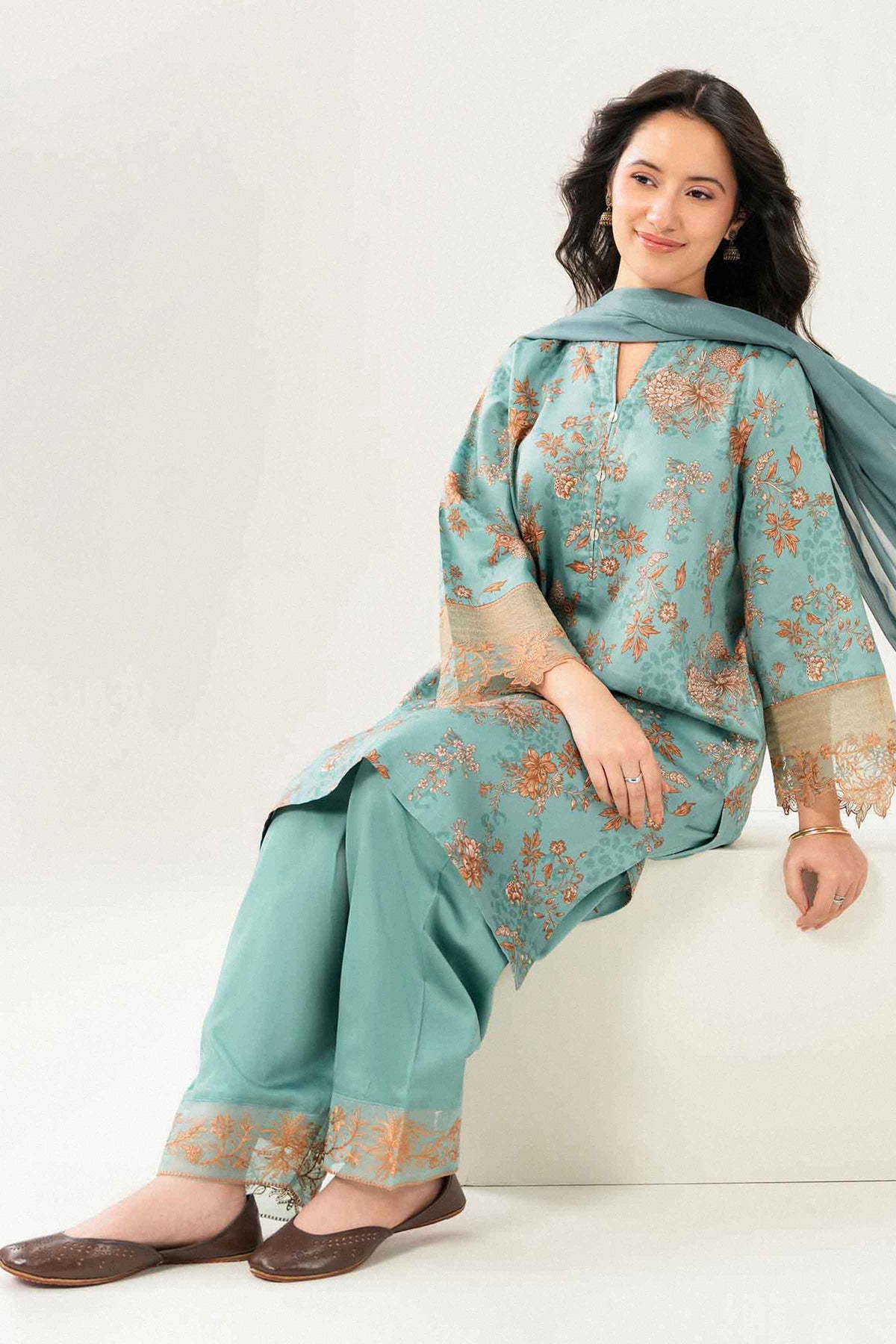 Nishat UK - Green Embroidered Satin 3 Pieces ready to wear