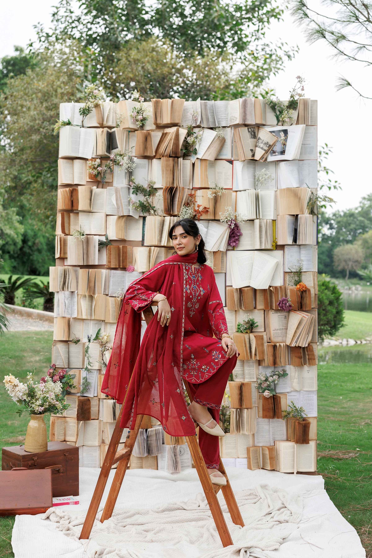 Nishat UK - Red Embroidered Karandi 3 Pieces ready to wear Suit
