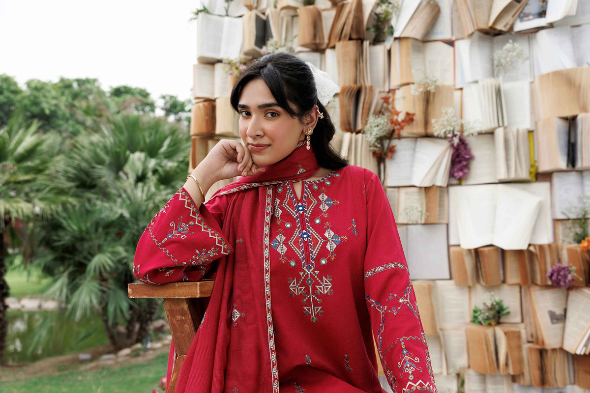 Nishat UK - Red Embroidered Karandi 3 Pieces ready to wear Suit
