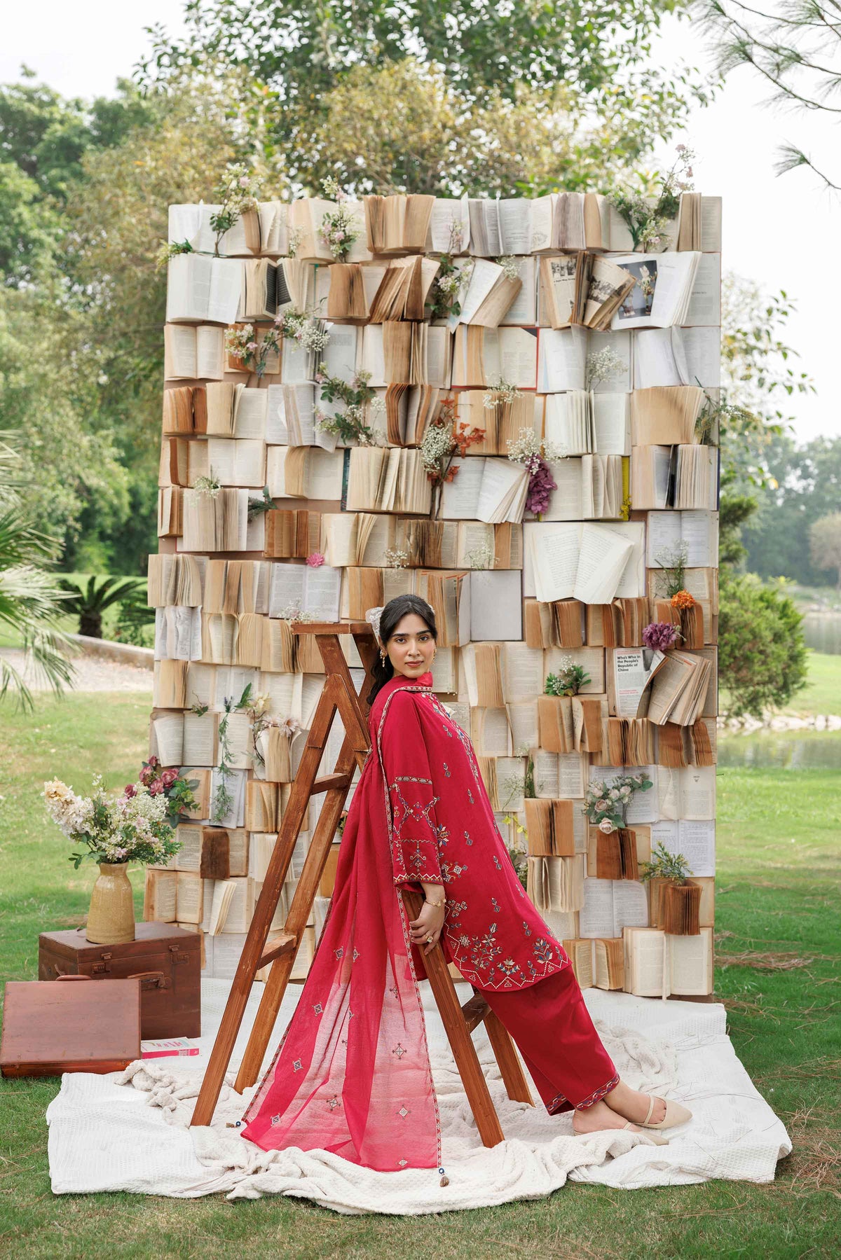 Nishat UK - Red Embroidered Karandi 3 Pieces ready to wear Suit