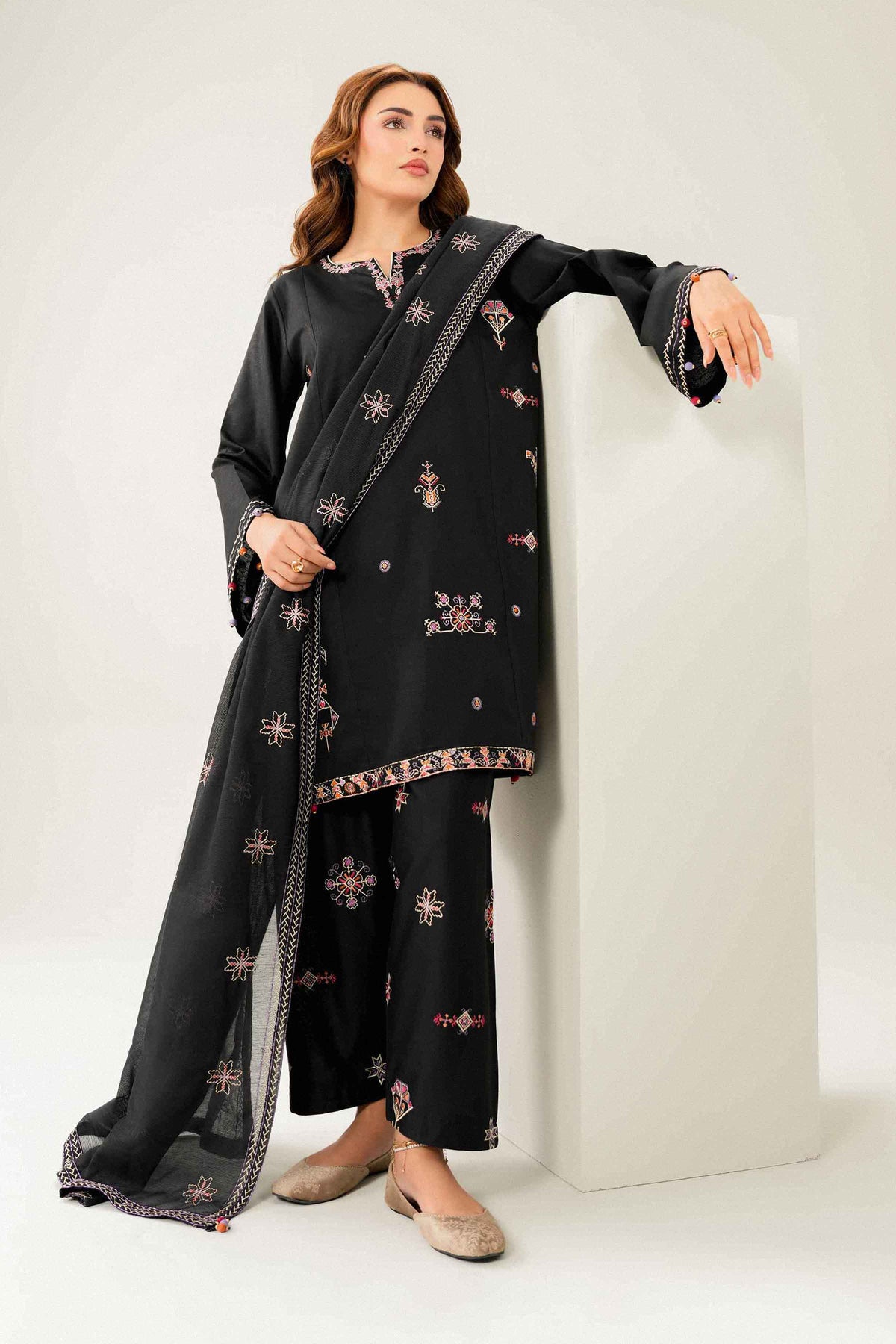 Nishat UK - Black Embroidered Karandi 3 Pieces ready to wear Suit