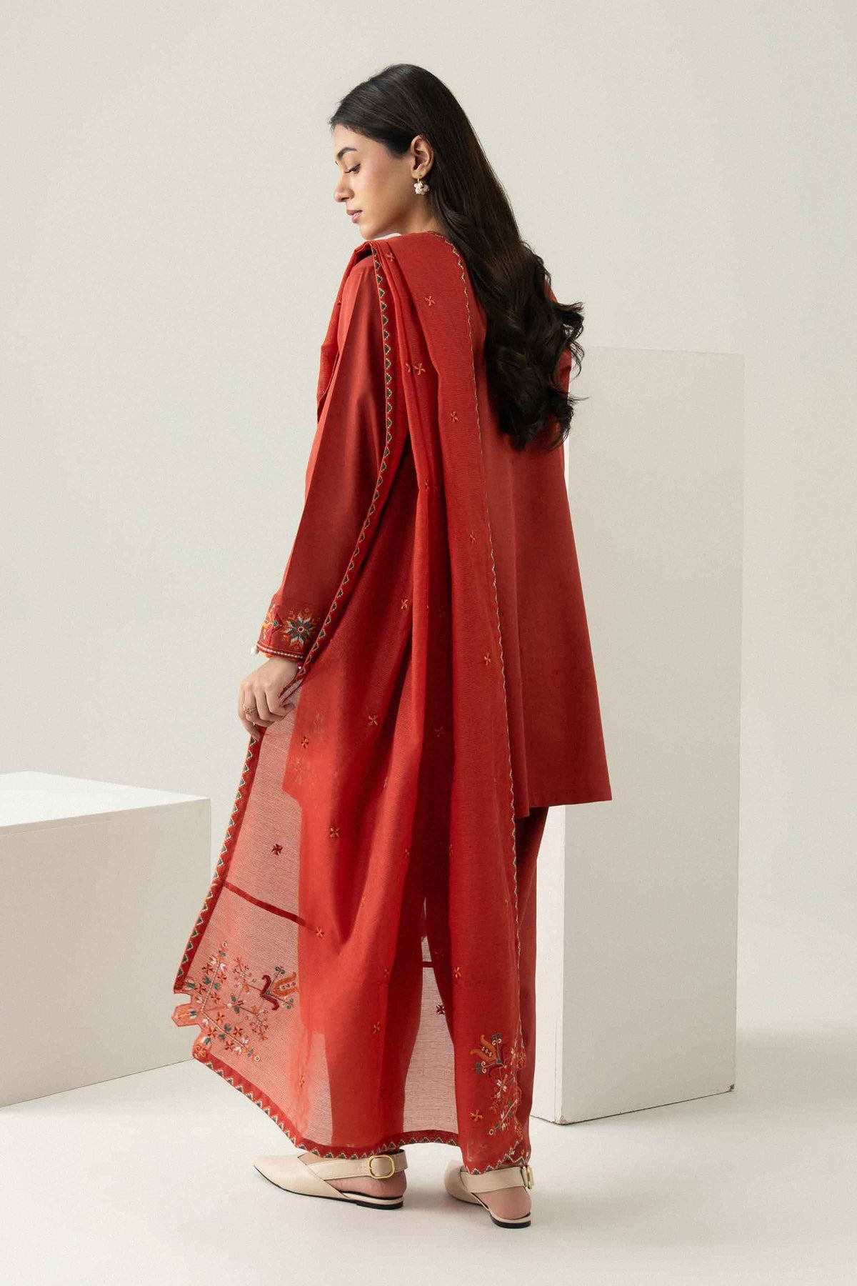 Nishat UK - Orange Embroidered Karandi 3 Pieces ready to wear Suit