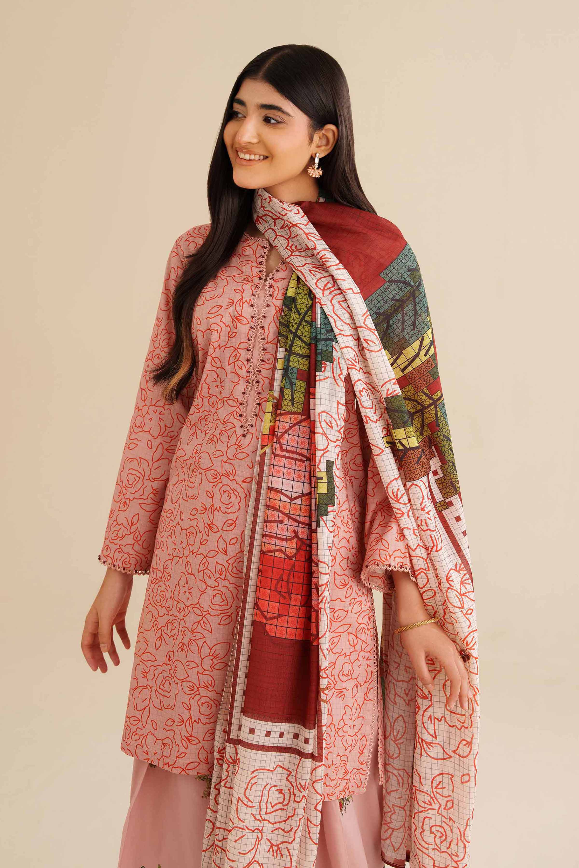 NishatUK - Peach Pink Embroidered Cambric 3-piece ready to wear Suit