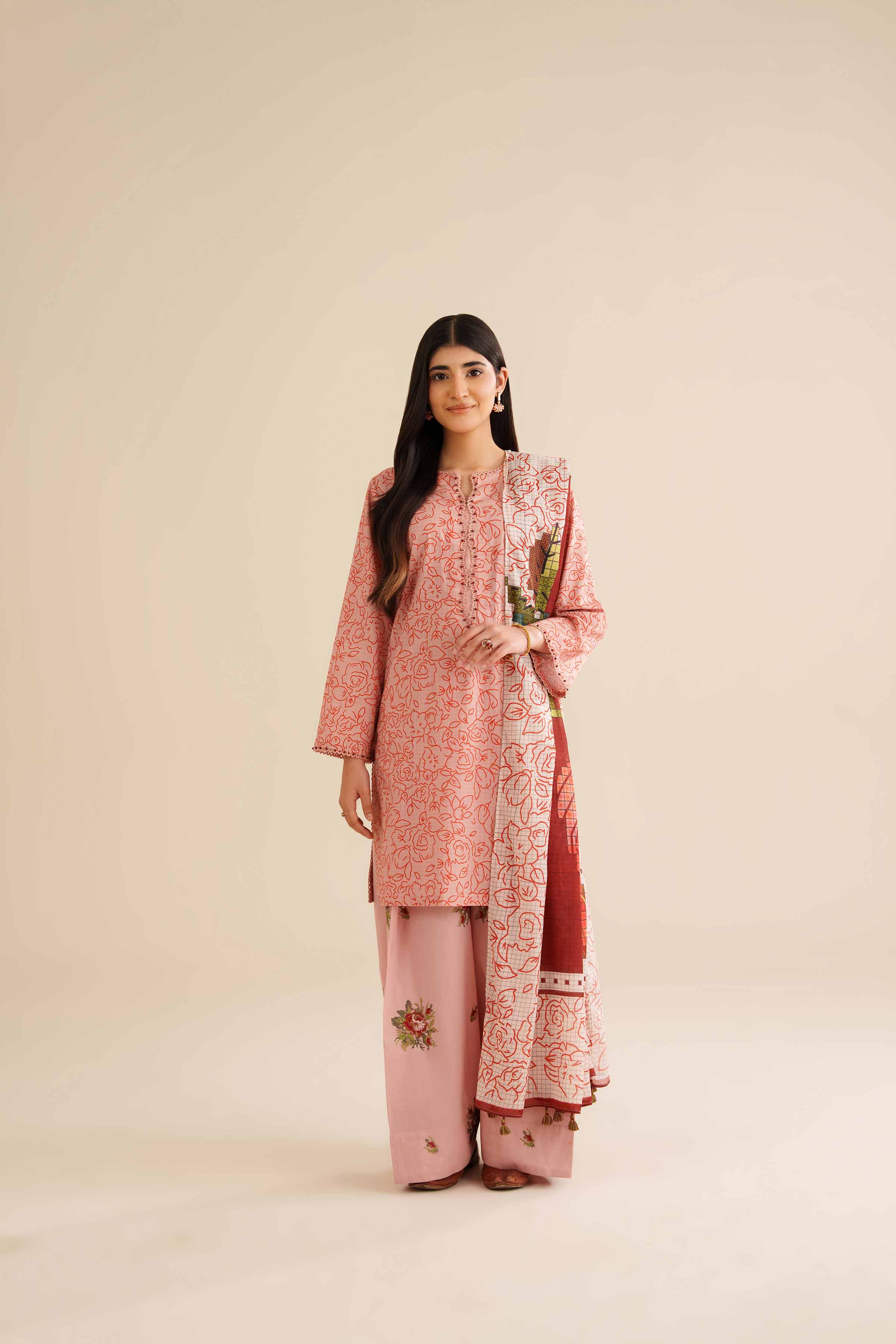NishatUK - Peach Pink Embroidered Cambric 3-piece ready to wear Suit