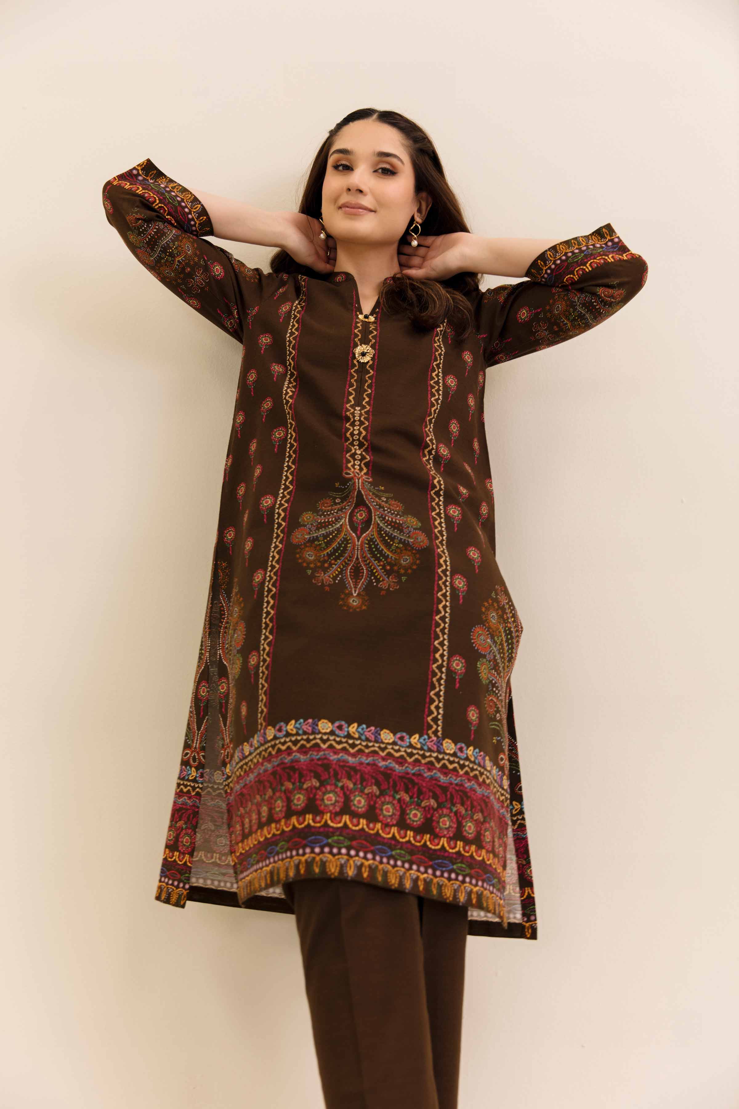 NishatUK - Brown Printed Khaddar 2-piece unstitched Dress