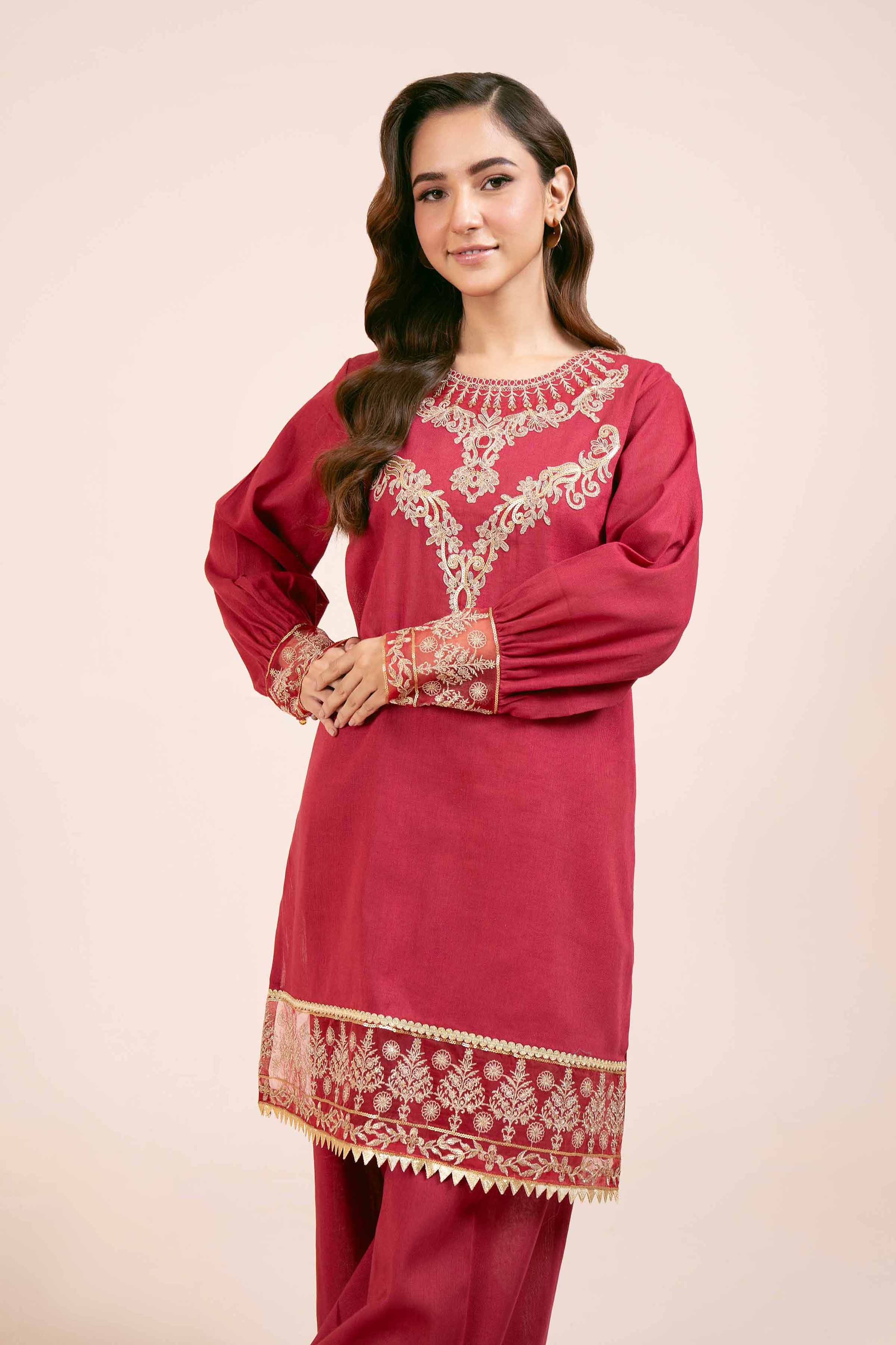 NishatUK - Red Embroidered  Cotton 2-piece unstitched Dress