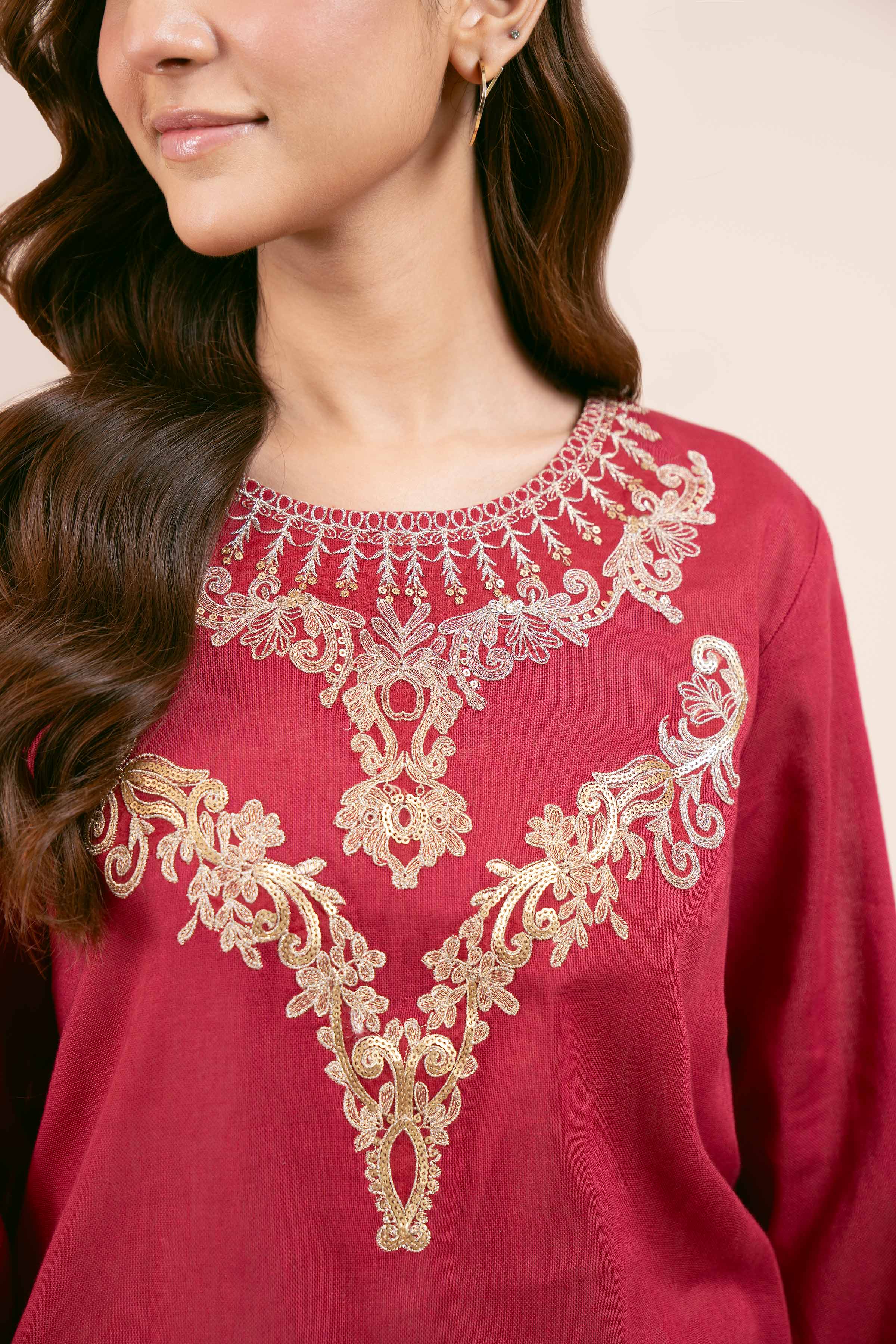 NishatUK - Red Embroidered  Cotton 2-piece unstitched Dress