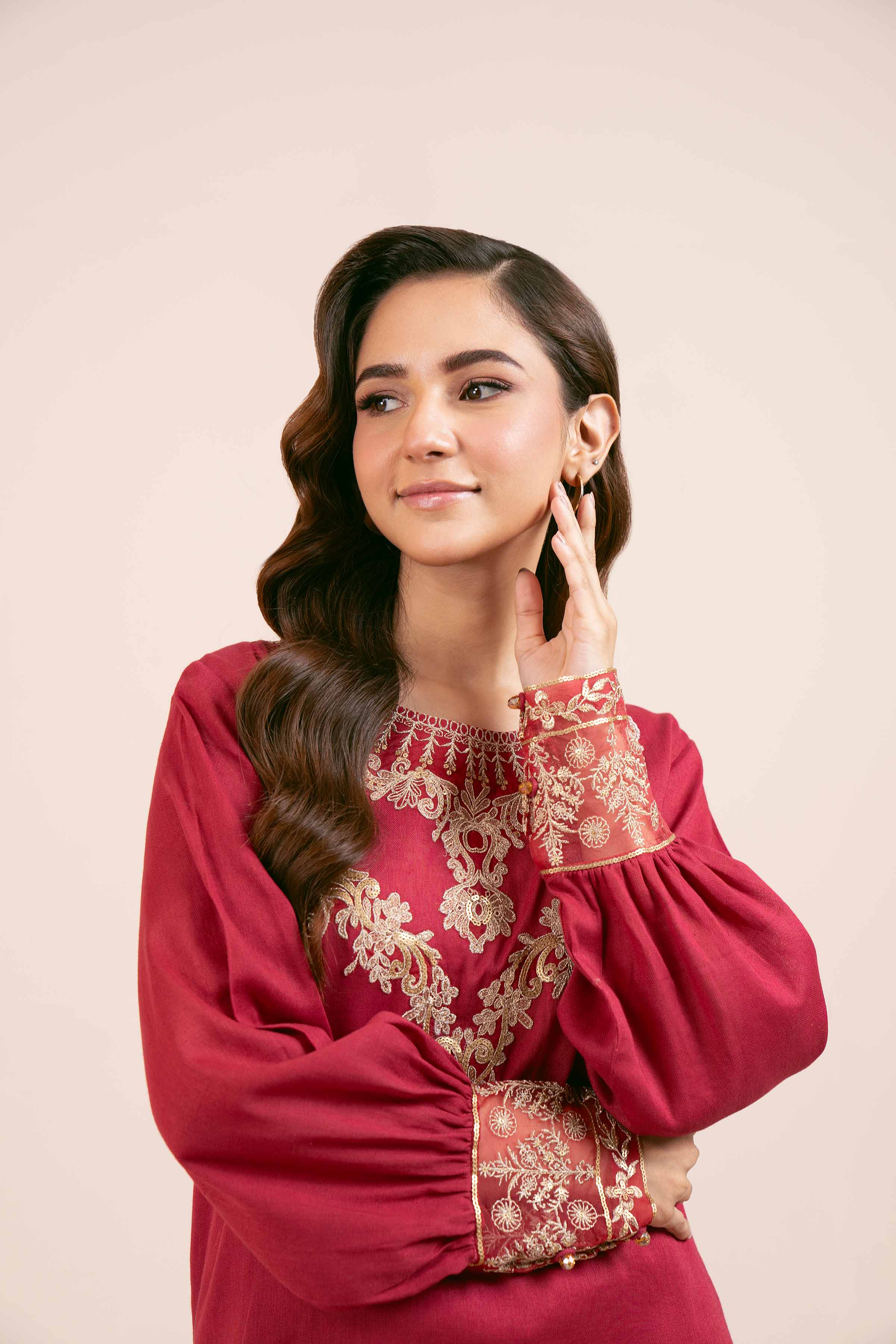 NishatUK - Red Embroidered  Cotton 2-piece unstitched Dress