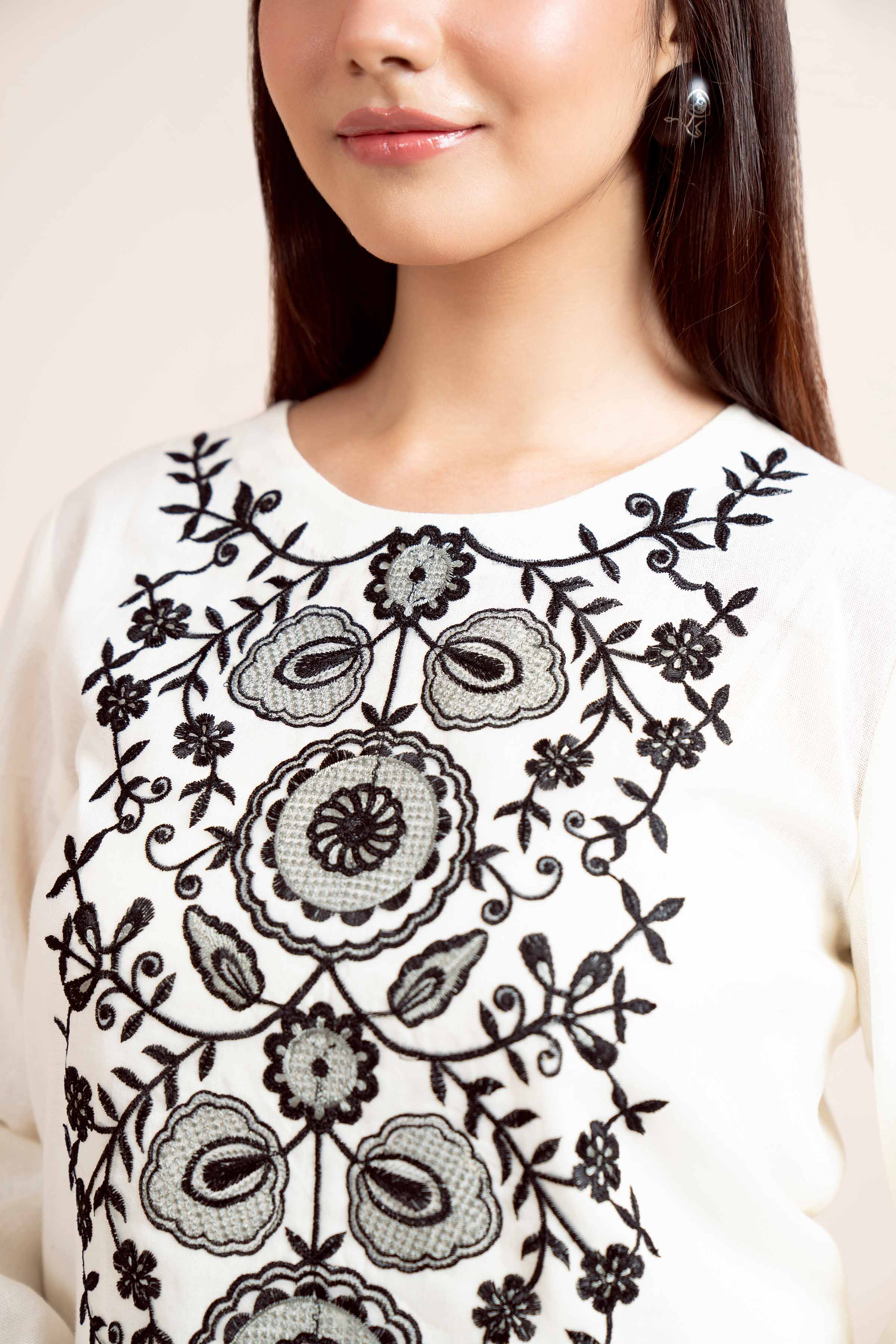 NishatUK - Off White Embroidered  Cotton 2-piece unstitched Dress