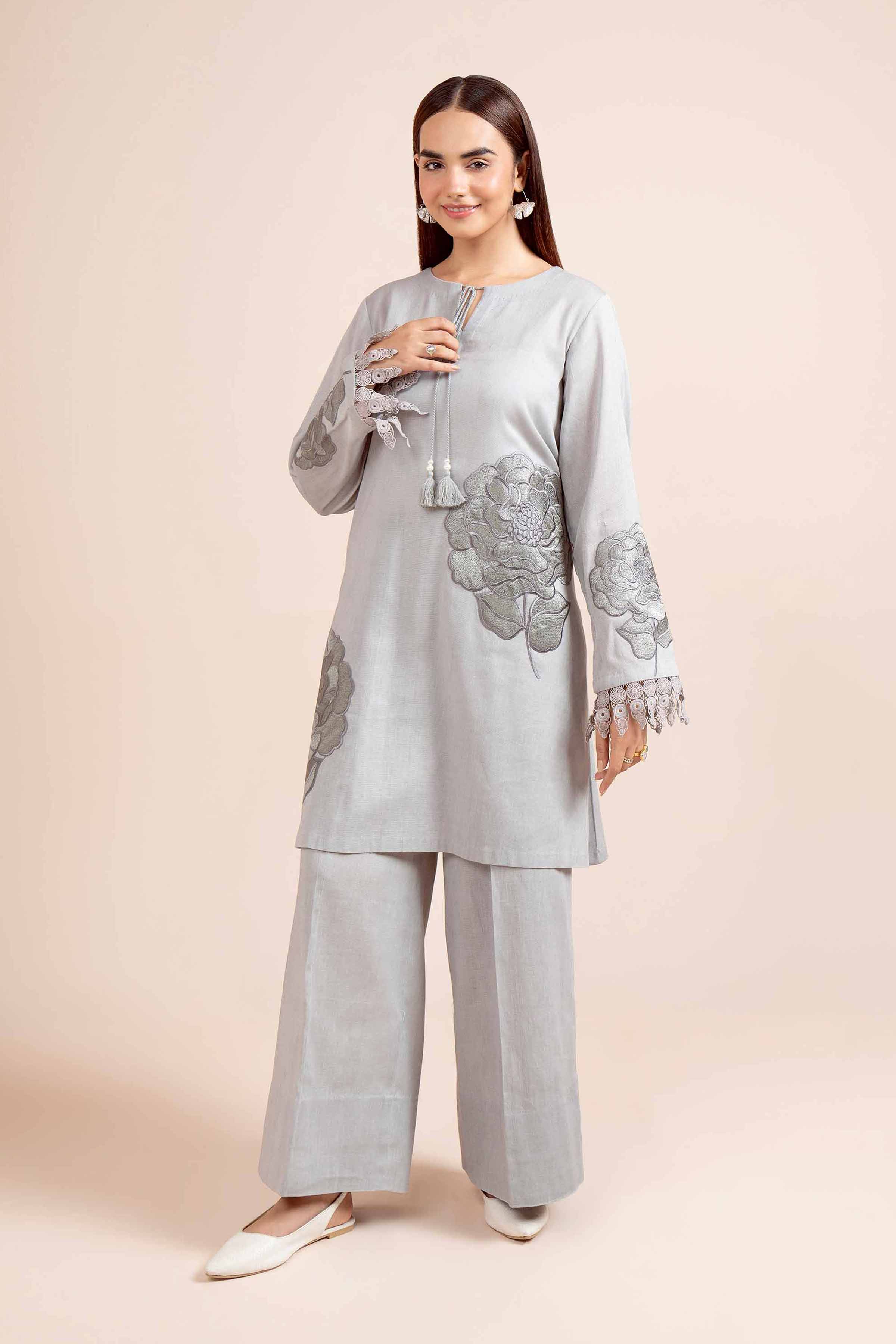NishatUK - Grey Embroidered  Cotton 2-piece unstitched Dress