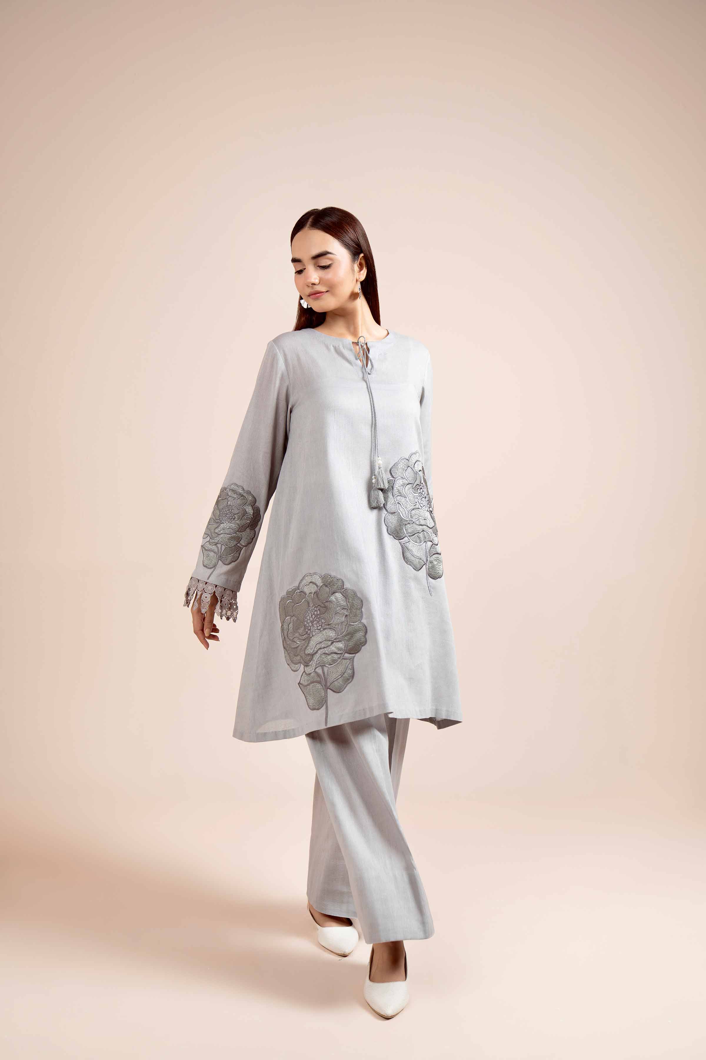 NishatUK - Grey Embroidered  Cotton 2-piece unstitched Dress